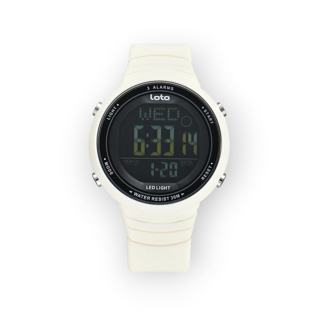 Reloj digital deportivo LOTO COMPANY RUSH 2545 en color blanco con correa de silicona y pantalla LED retroiluminada.