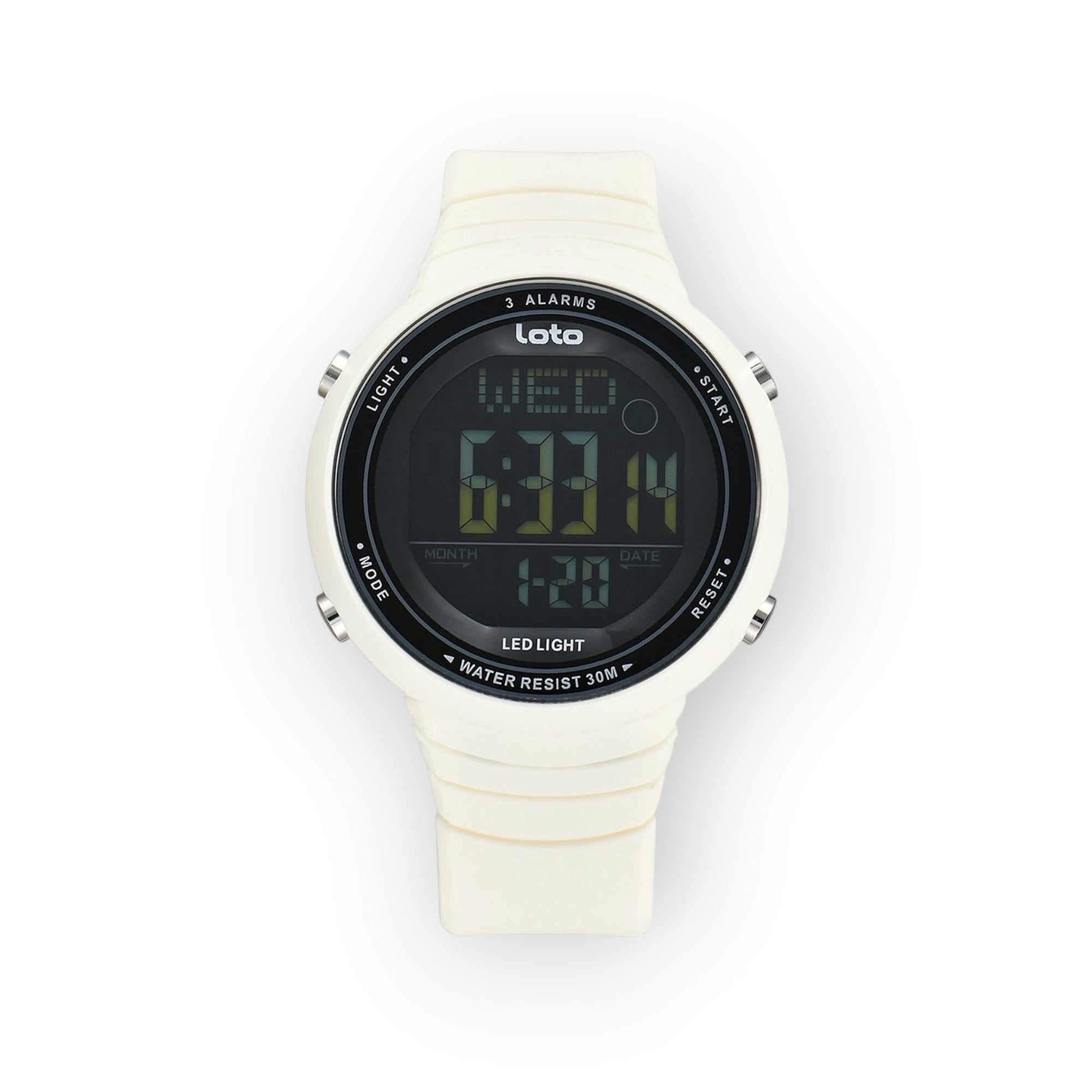 Reloj digital deportivo LOTO COMPANY RUSH 2545 en color blanco con correa de silicona y pantalla LED retroiluminada.