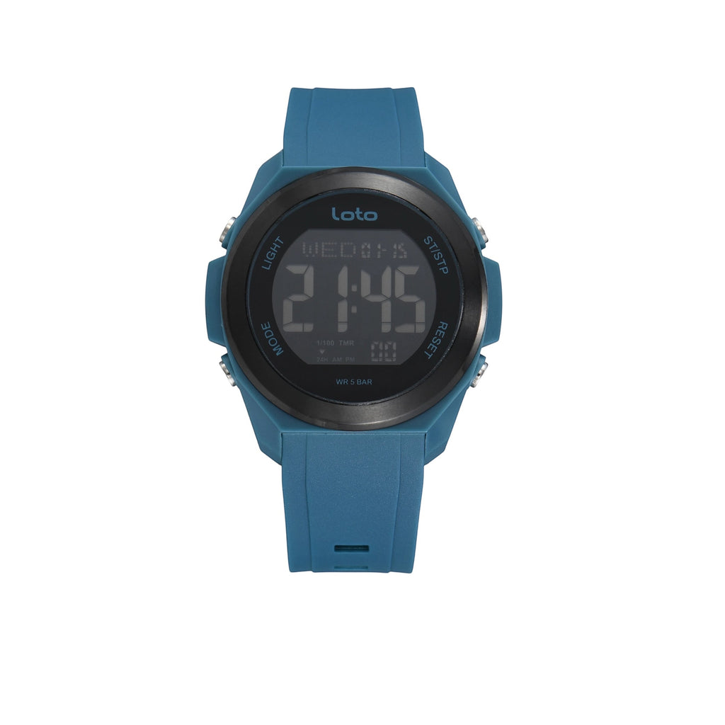 Reloj digital LOTO COMPANY SENTINEL azul con correa de silicona, bisel negro y resistencia al agua de 5 BAR.