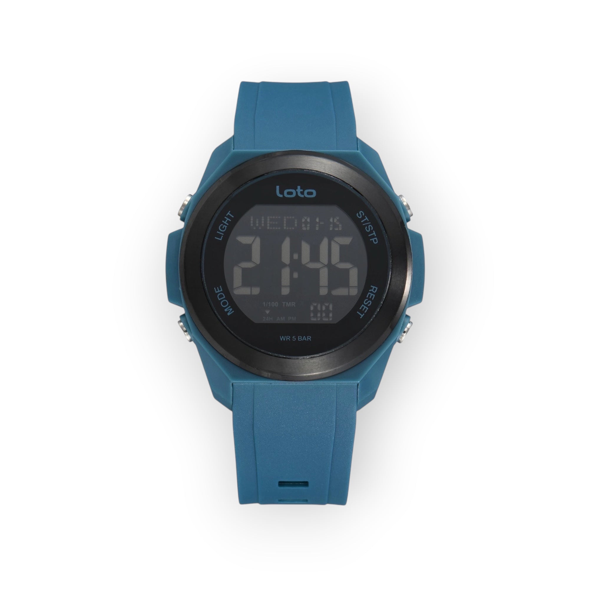 Reloj digital LOTO COMPANY SENTINEL azul con correa de silicona, bisel negro y resistencia al agua de 5 BAR.