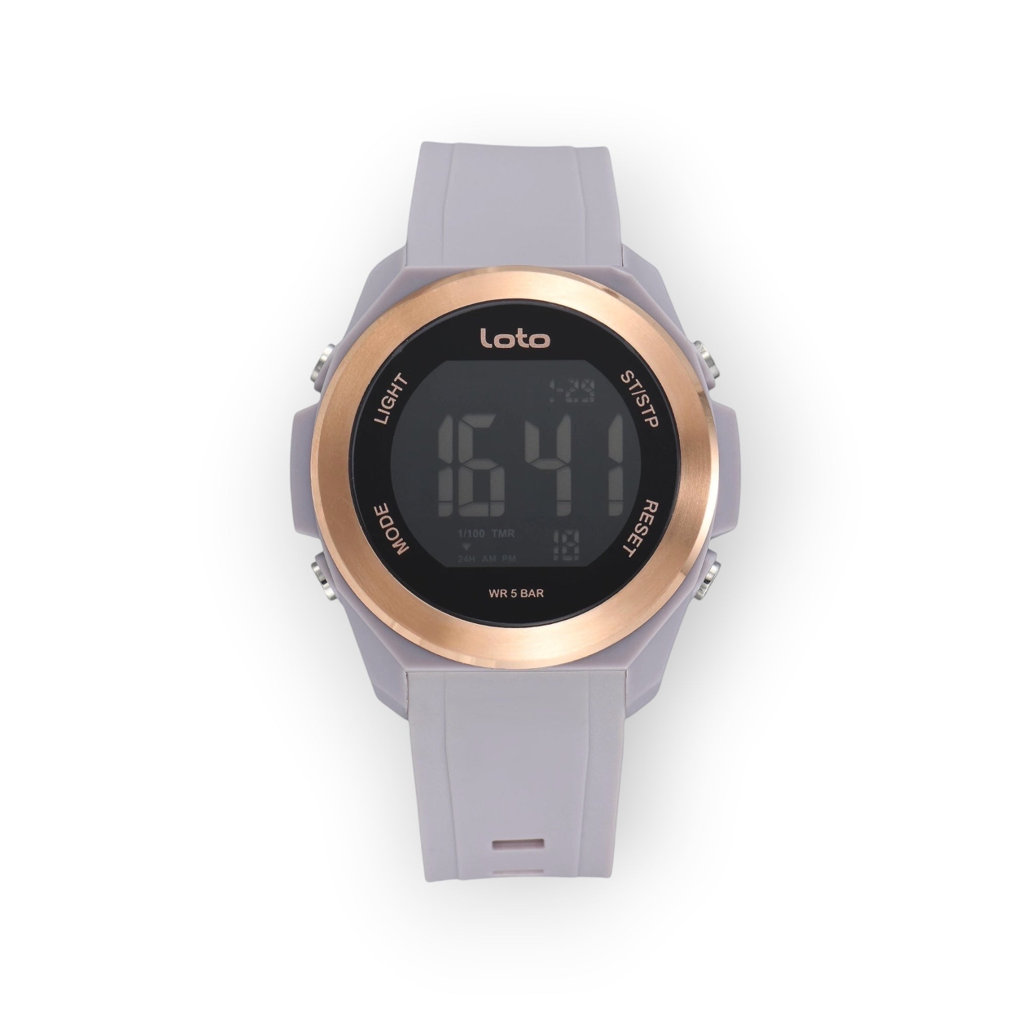 Reloj digital LOTO COMPANY SENTINEL gris con correa de silicona y bisel metálico en tono oro rosa, resistente al agua.