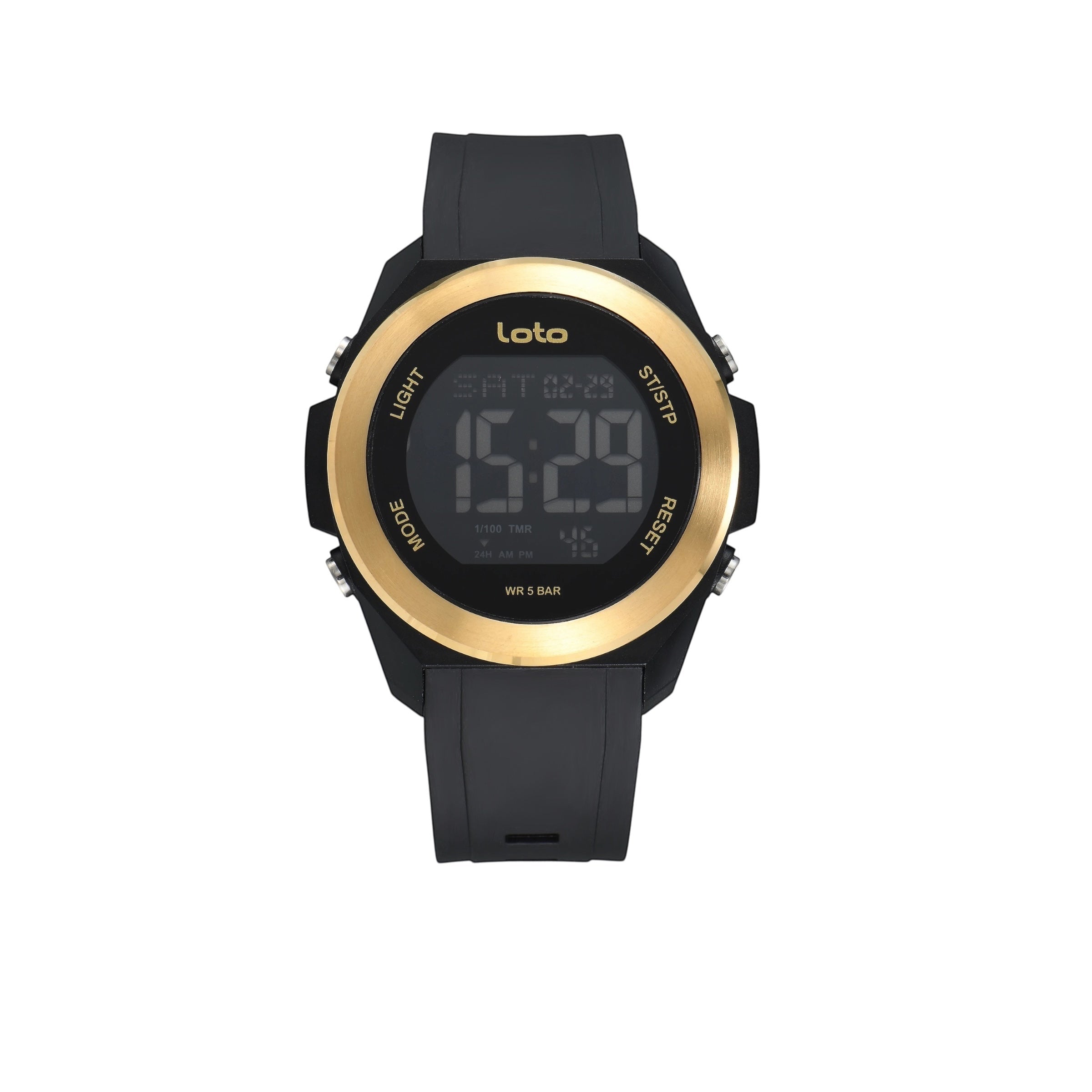 Reloj digital LOTO COMPANY SENTINEL con correa de silicona negra y bisel dorado, resistente al agua 5 BAR.