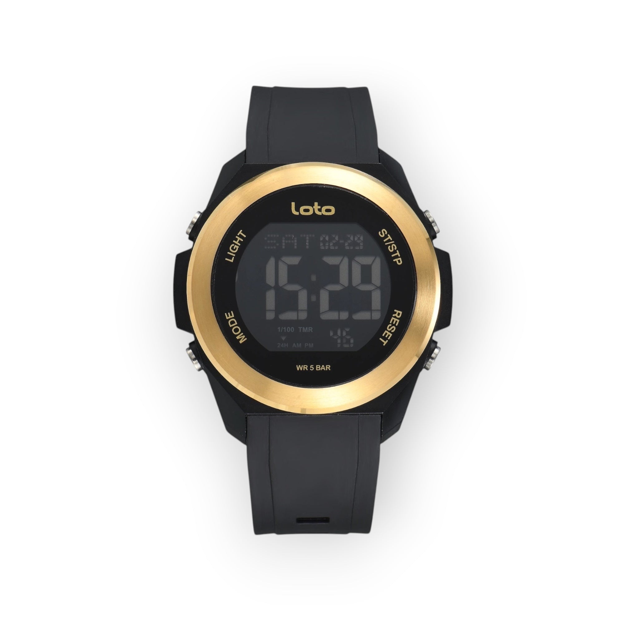 Reloj digital LOTO COMPANY SENTINEL con correa de silicona negra y bisel dorado, resistente al agua 5 BAR.