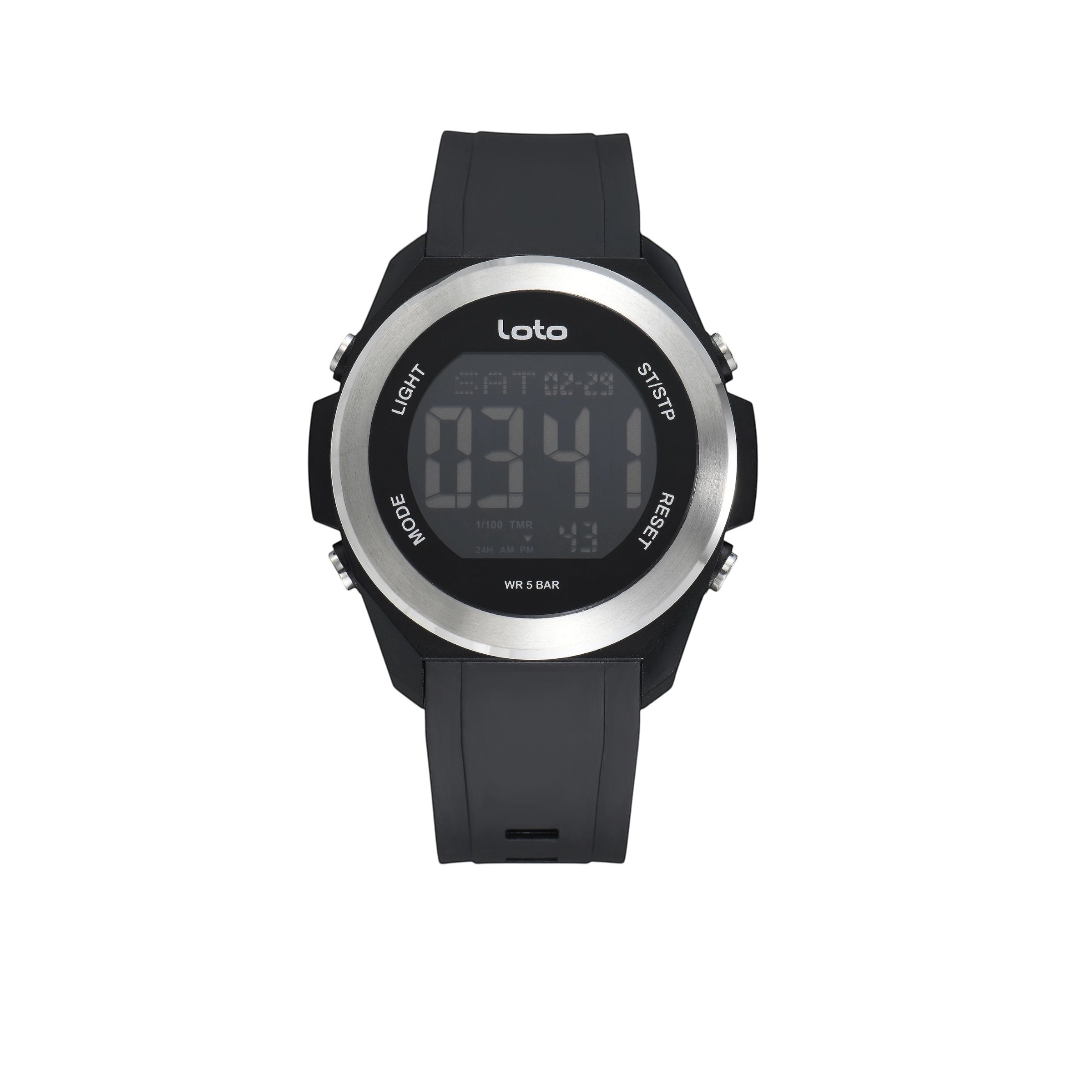 Reloj digital LOTO COMPANY SENTINEL negro con correa de silicona, bisel metálico y resistencia al agua 5 BAR.