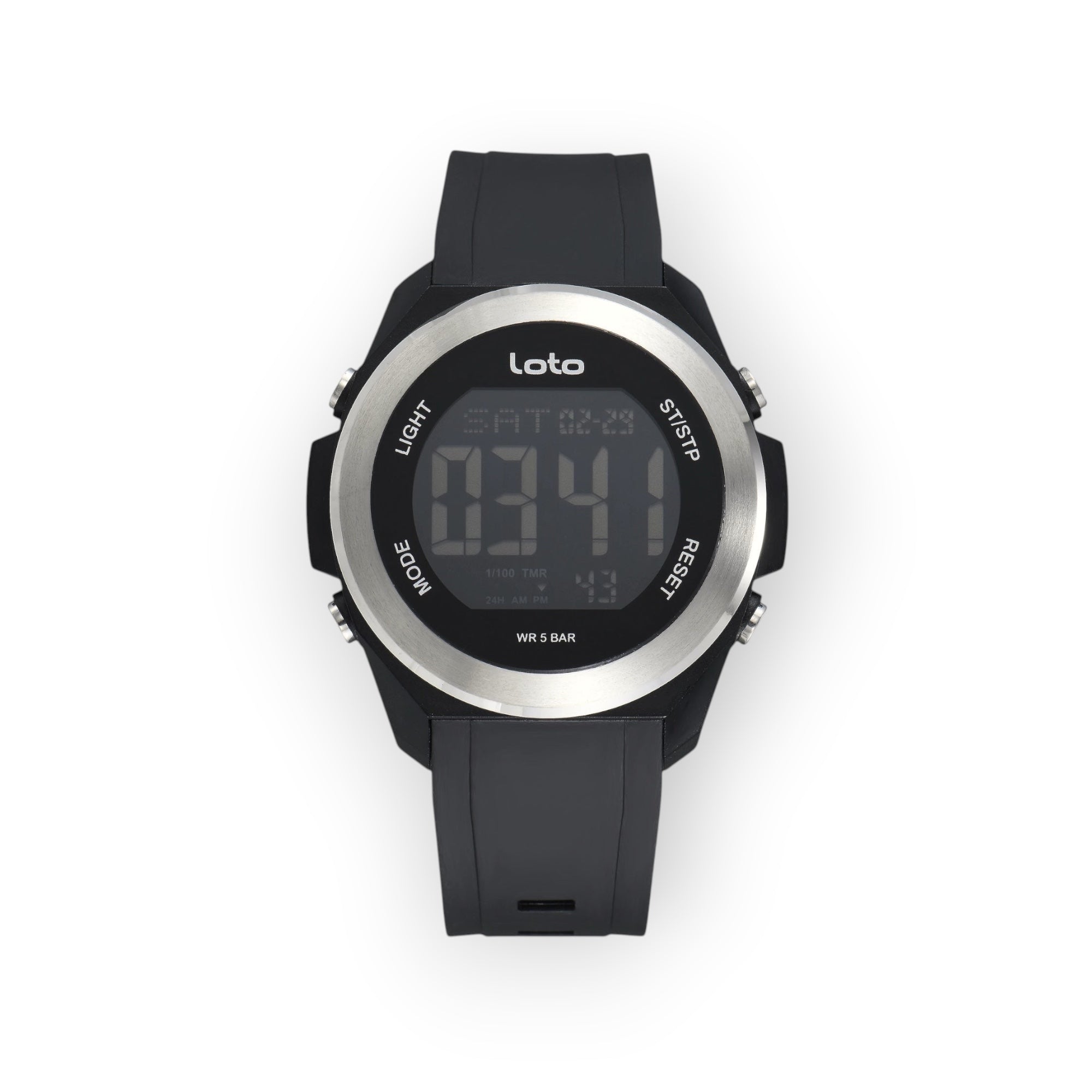 Reloj digital LOTO COMPANY SENTINEL negro con correa de silicona, bisel metálico y resistencia al agua 5 BAR.