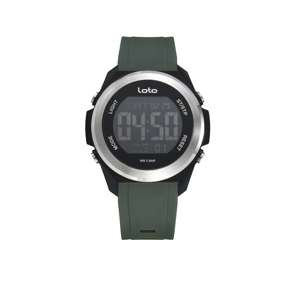 Reloj digital LOTO COMPANY SENTINEL con correa de silicona verde oliva, bisel metálico y resistencia al agua 5 BAR.