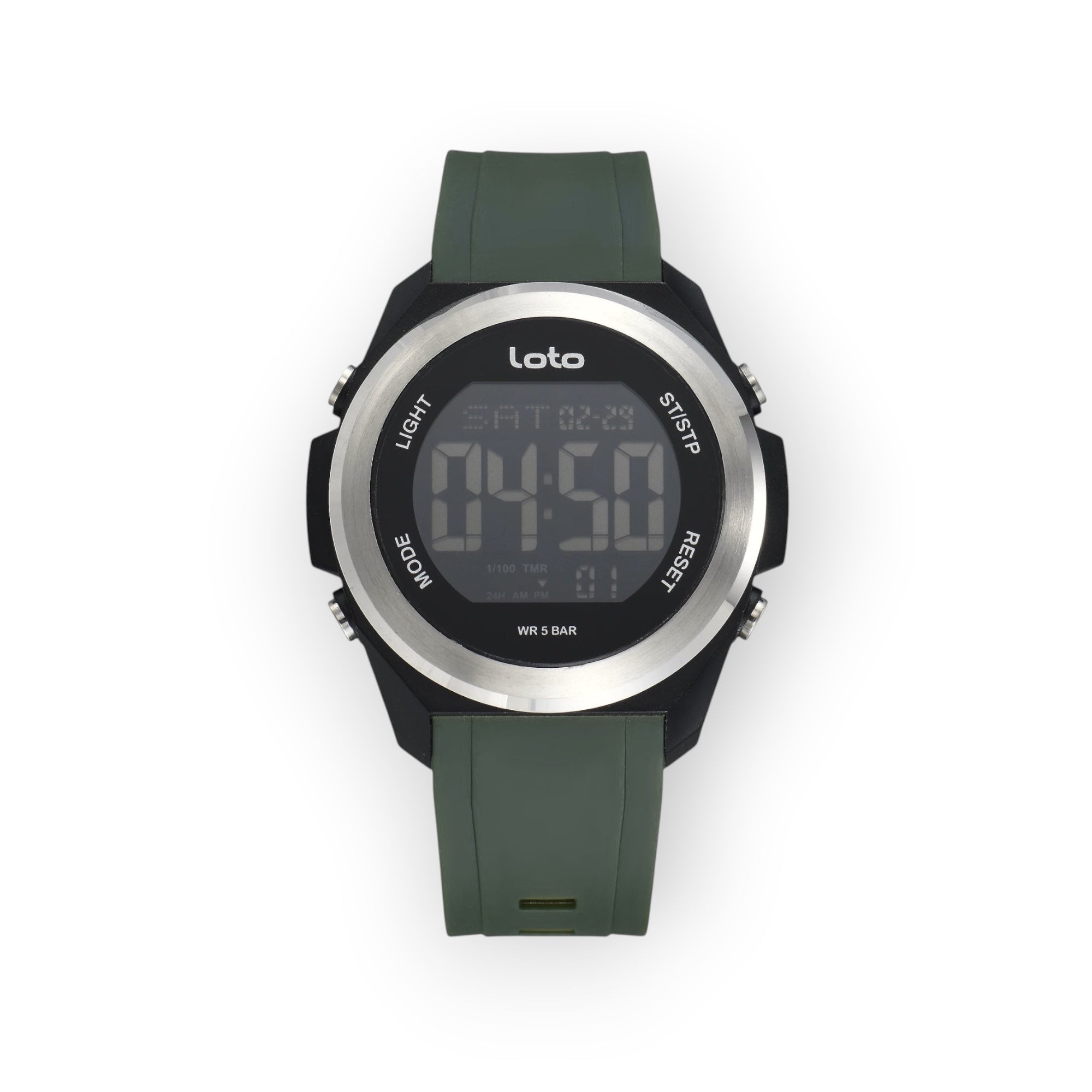 Reloj digital LOTO COMPANY SENTINEL con correa de silicona verde oliva, bisel metálico y resistencia al agua 5 BAR.