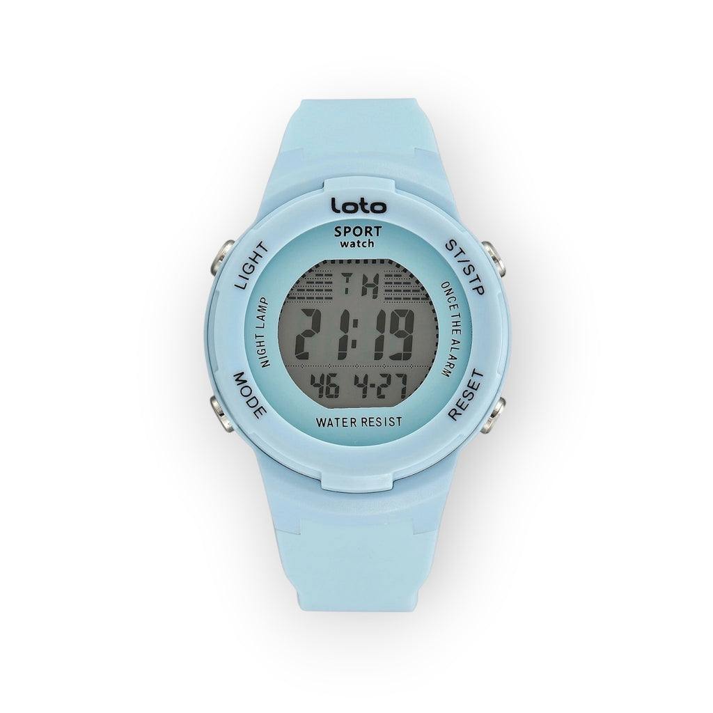 Reloj digital LOTO COMPANY SPORT/2532-1 azul claro con correa de silicona, pantalla digital, cronómetro y alarma.