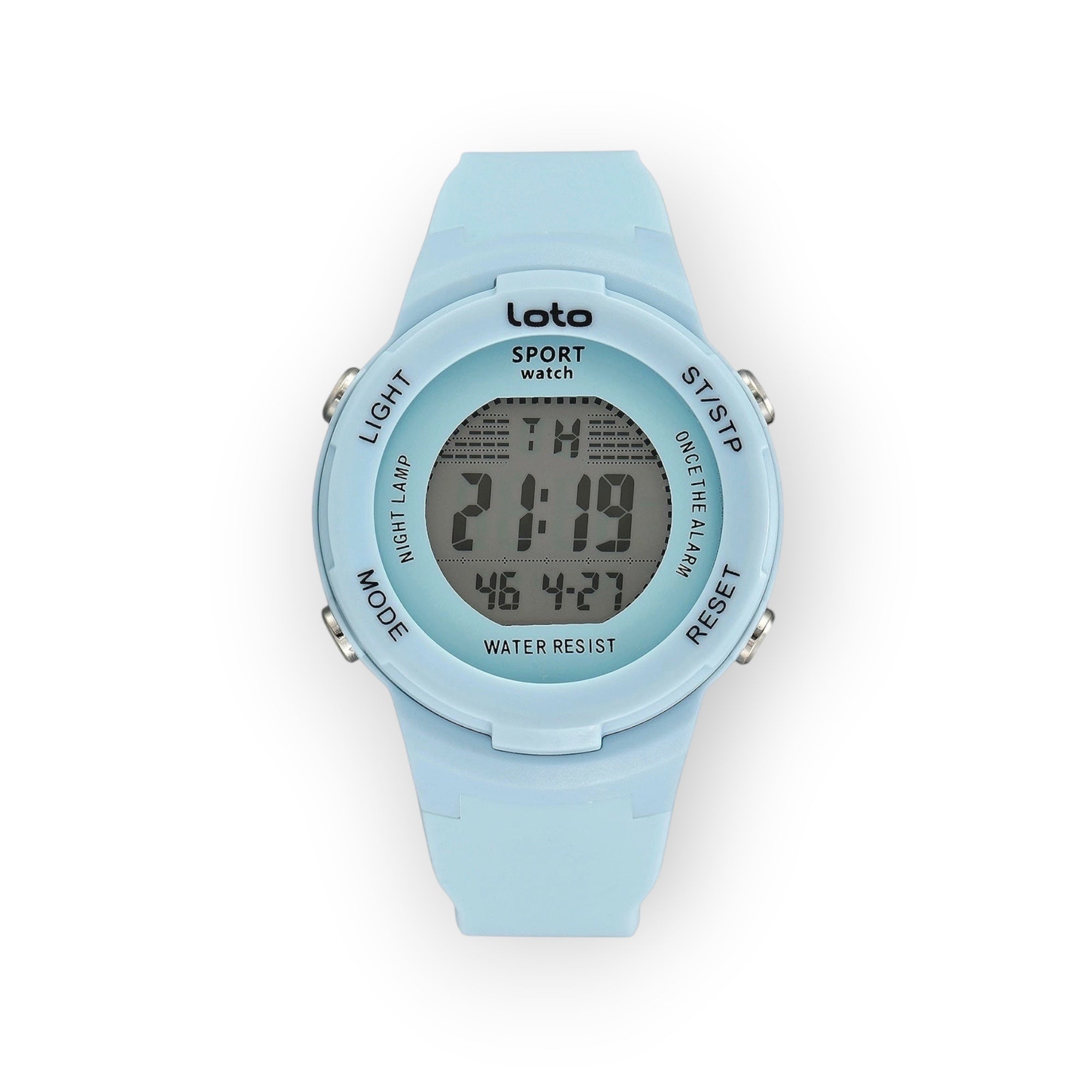 Reloj digital LOTO COMPANY SPORT/2532-1 azul claro con correa de silicona, pantalla digital, cronómetro y alarma.