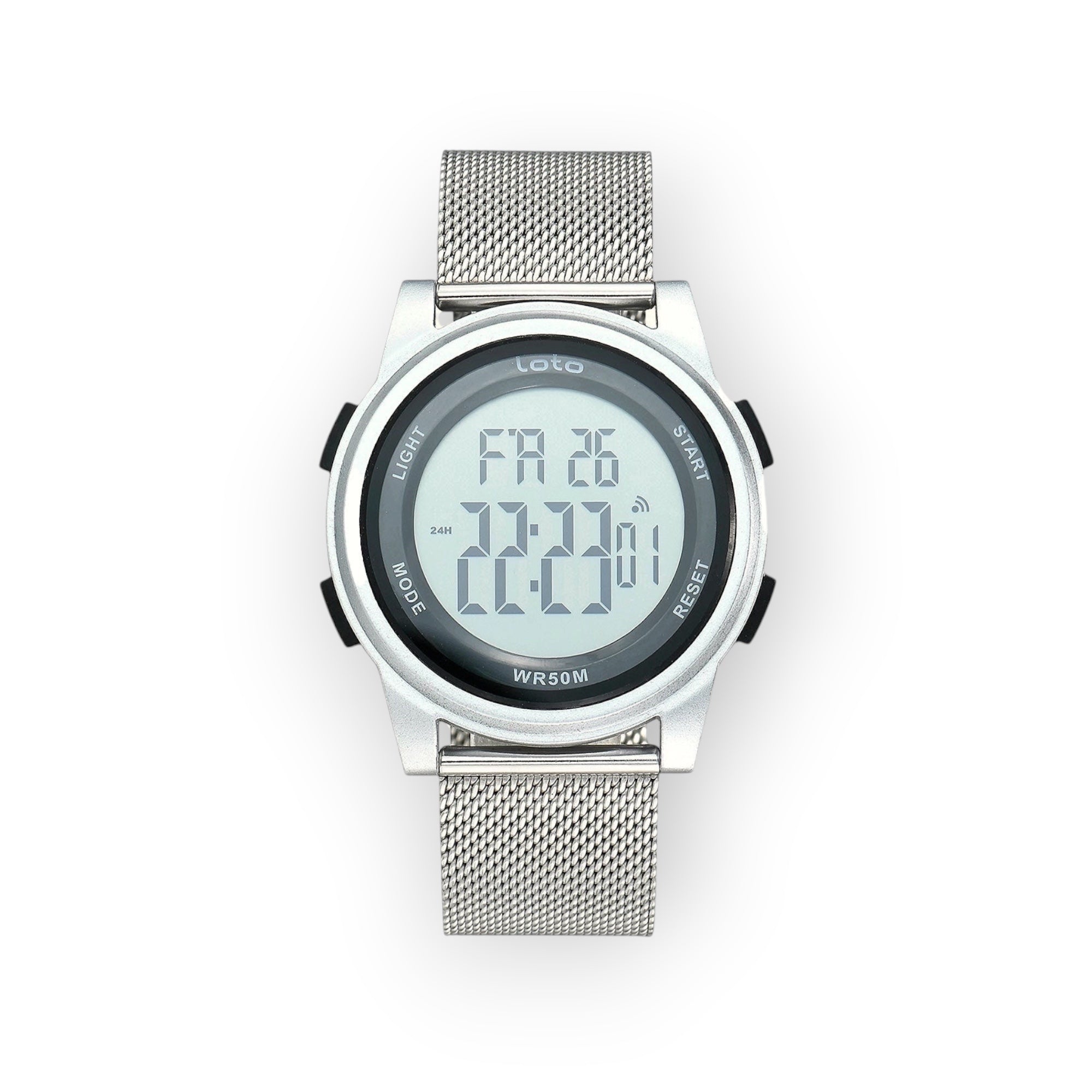 Reloj digital LOTO COMPANY STELLA / 2549 plateado con correa de malla metálica y esfera digital clara. Resistente al agua WR50M.