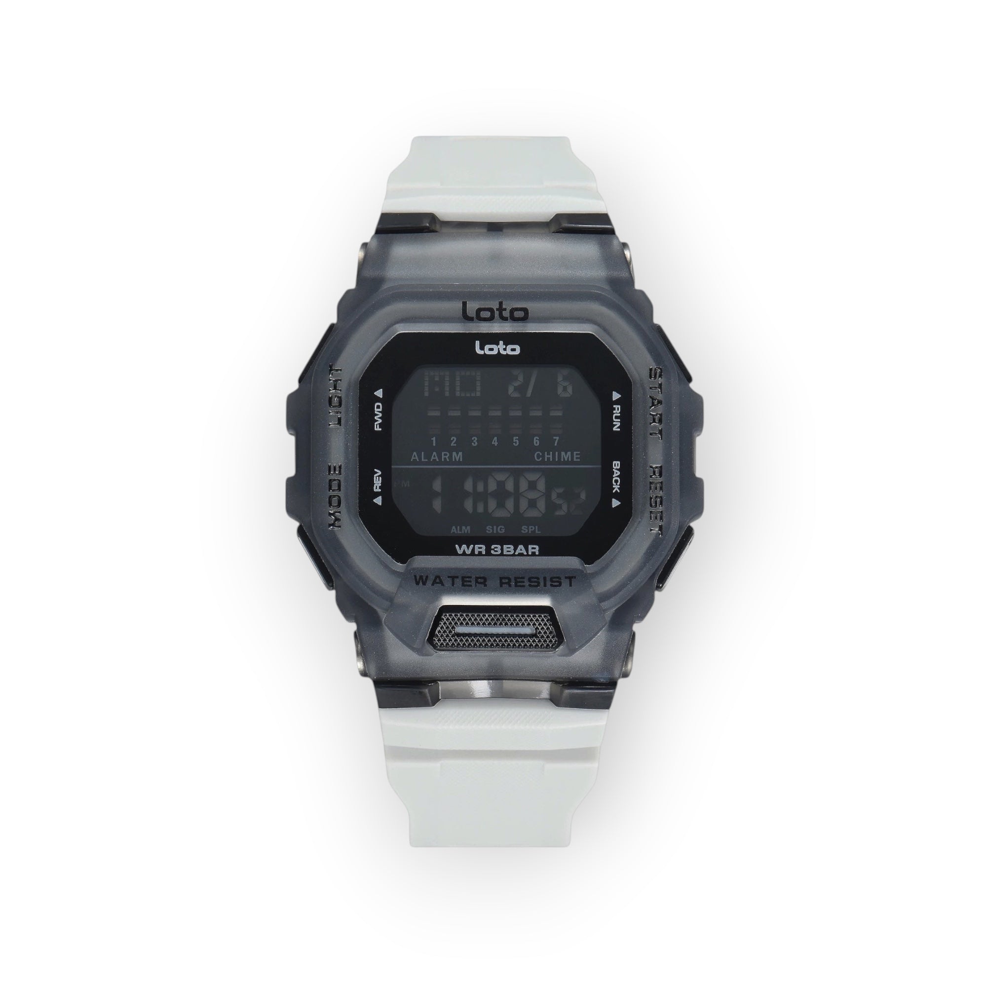 Reloj digital LOTO COMPANY STRIKER / 2566 con caja de resina gris translúcida y correa de silicona blanca. Pantalla digital con hora, fecha y alarma.