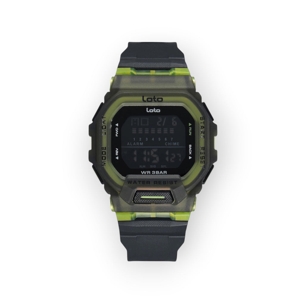 Reloj digital LOTO COMPANY STRIKER / 2566 con caja de resina translúcida gris y verde, correa de silicona negra, pantalla digital y resistencia al agua 3 BAR.