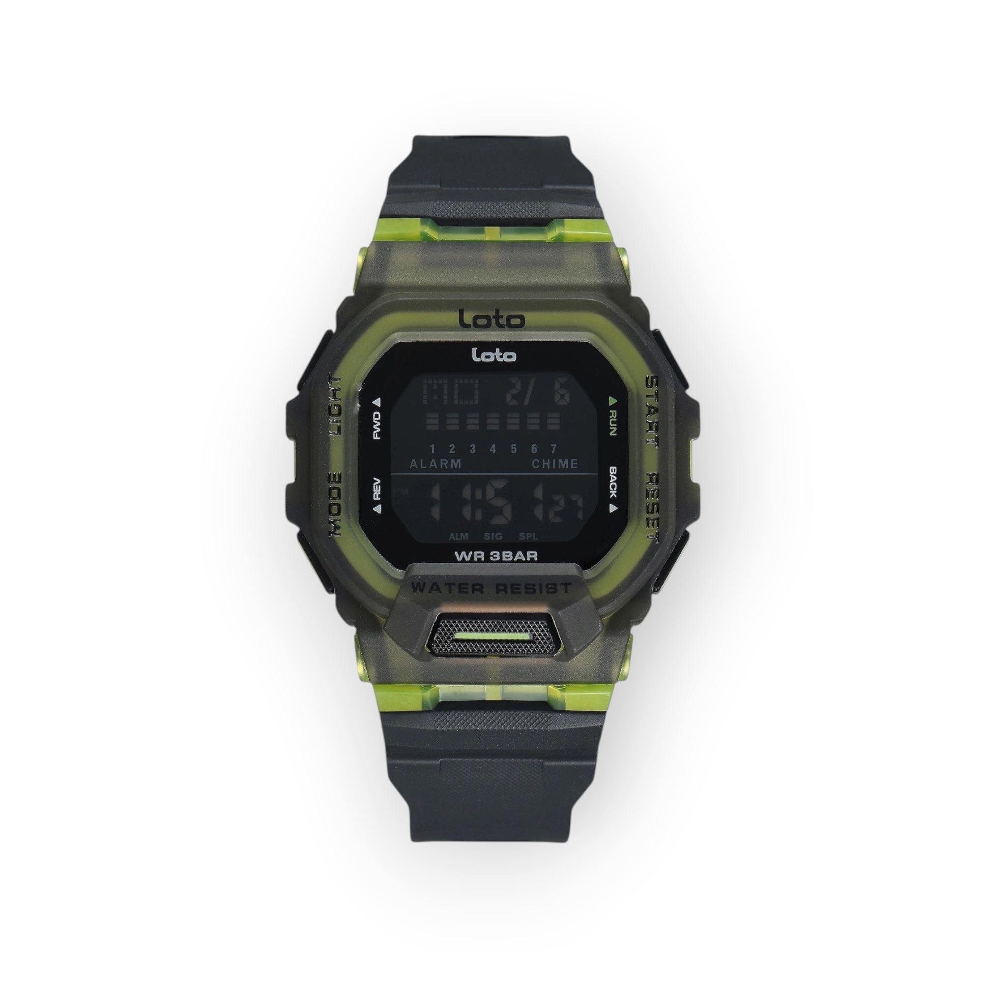 Reloj digital LOTO COMPANY STRIKER / 2566 con caja de resina translúcida gris y verde, correa de silicona negra, pantalla digital y resistencia al agua 3 BAR.