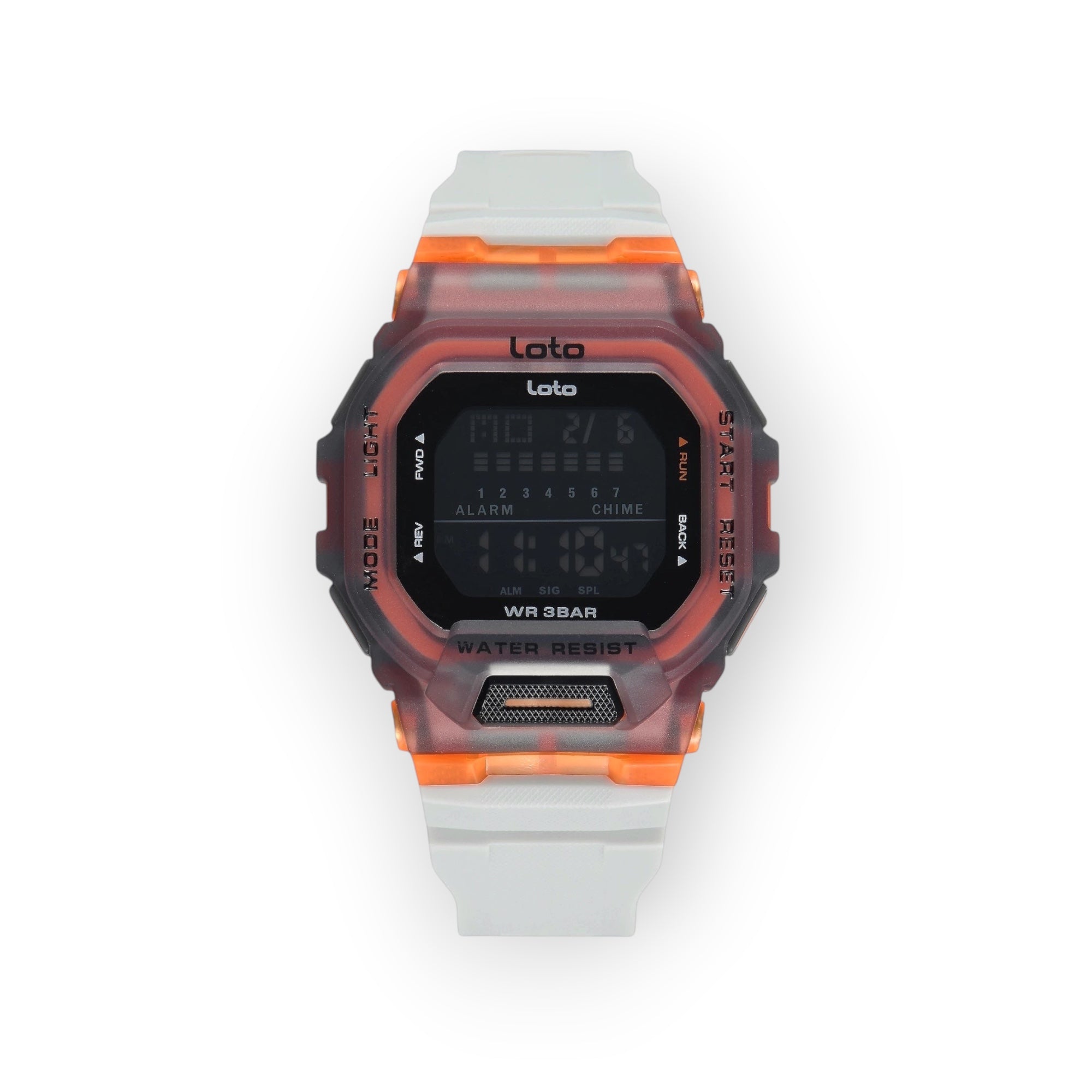 Reloj digital LOTO COMPANY STRIKER / 2566 con caja de resina translúcida naranja y correa de silicona blanca. Pantalla digital con hora, fecha y alarma.