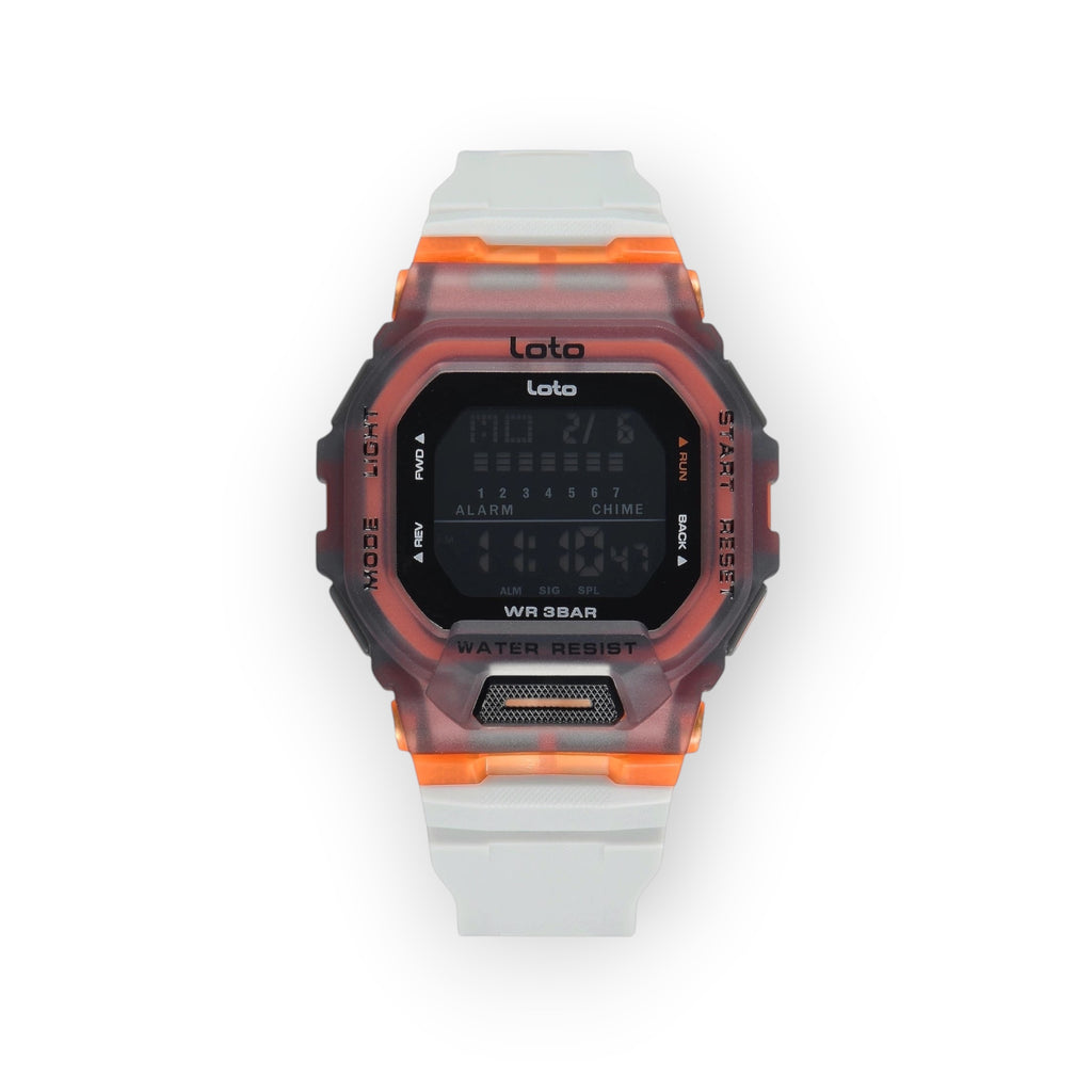 Reloj digital LOTO COMPANY STRIKER / 2566 con caja de resina translúcida naranja y correa de silicona blanca. Pantalla digital con hora, fecha y alarma.