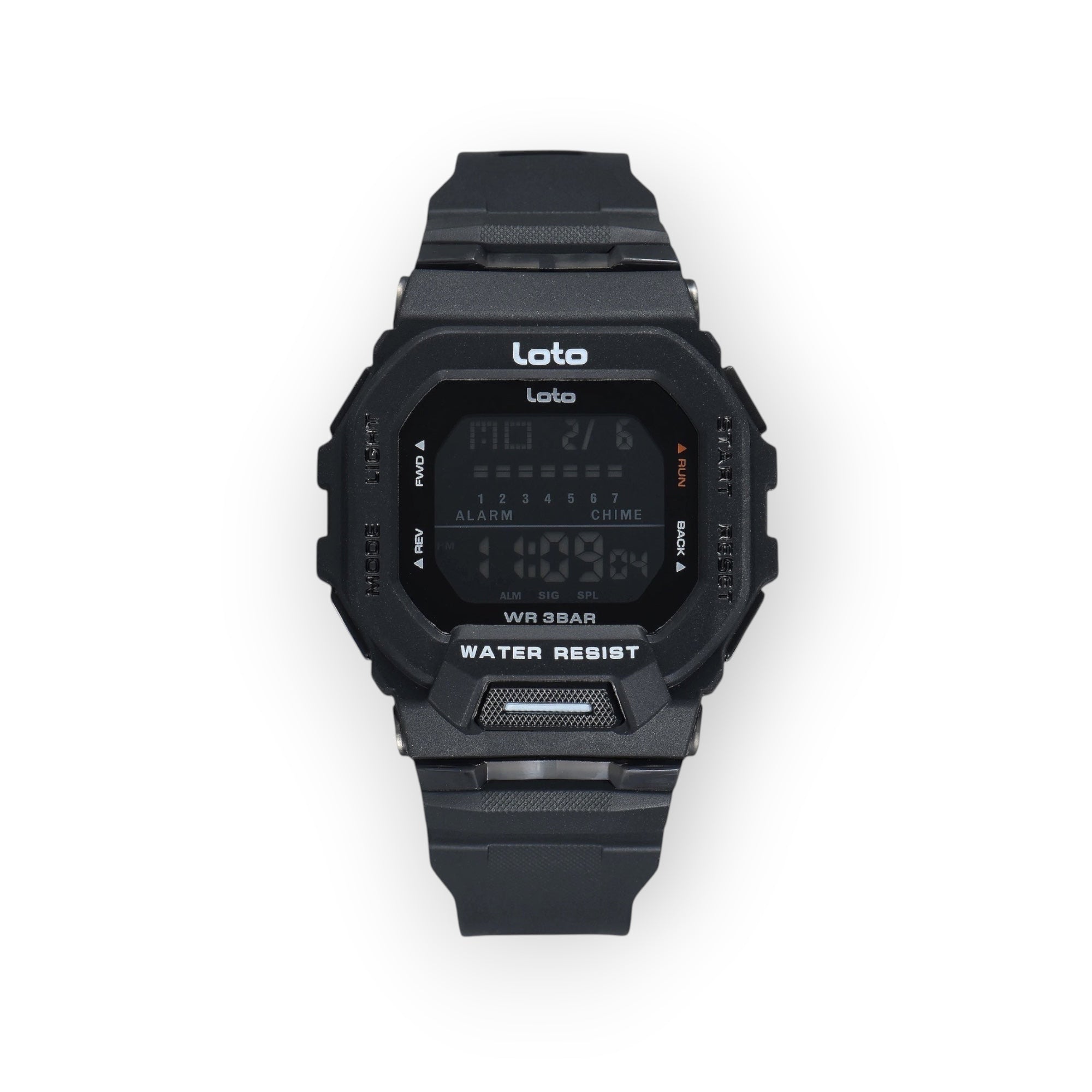 Reloj digital LOTO COMPANY STRIKER / 2566 negro con correa de silicona y pantalla LCD. Resistente al agua 3 bares.
