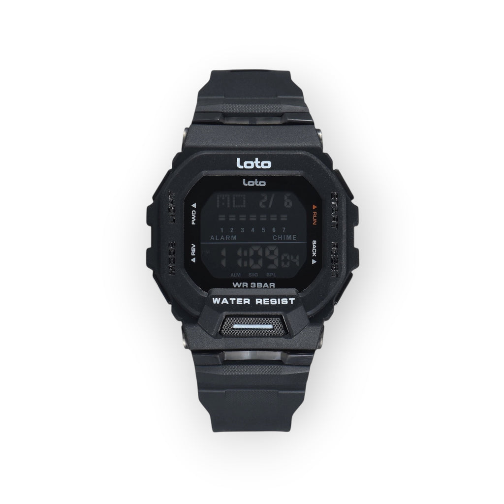Reloj digital LOTO COMPANY STRIKER / 2566 negro con correa de silicona y pantalla LCD. Resistente al agua 3 bares.