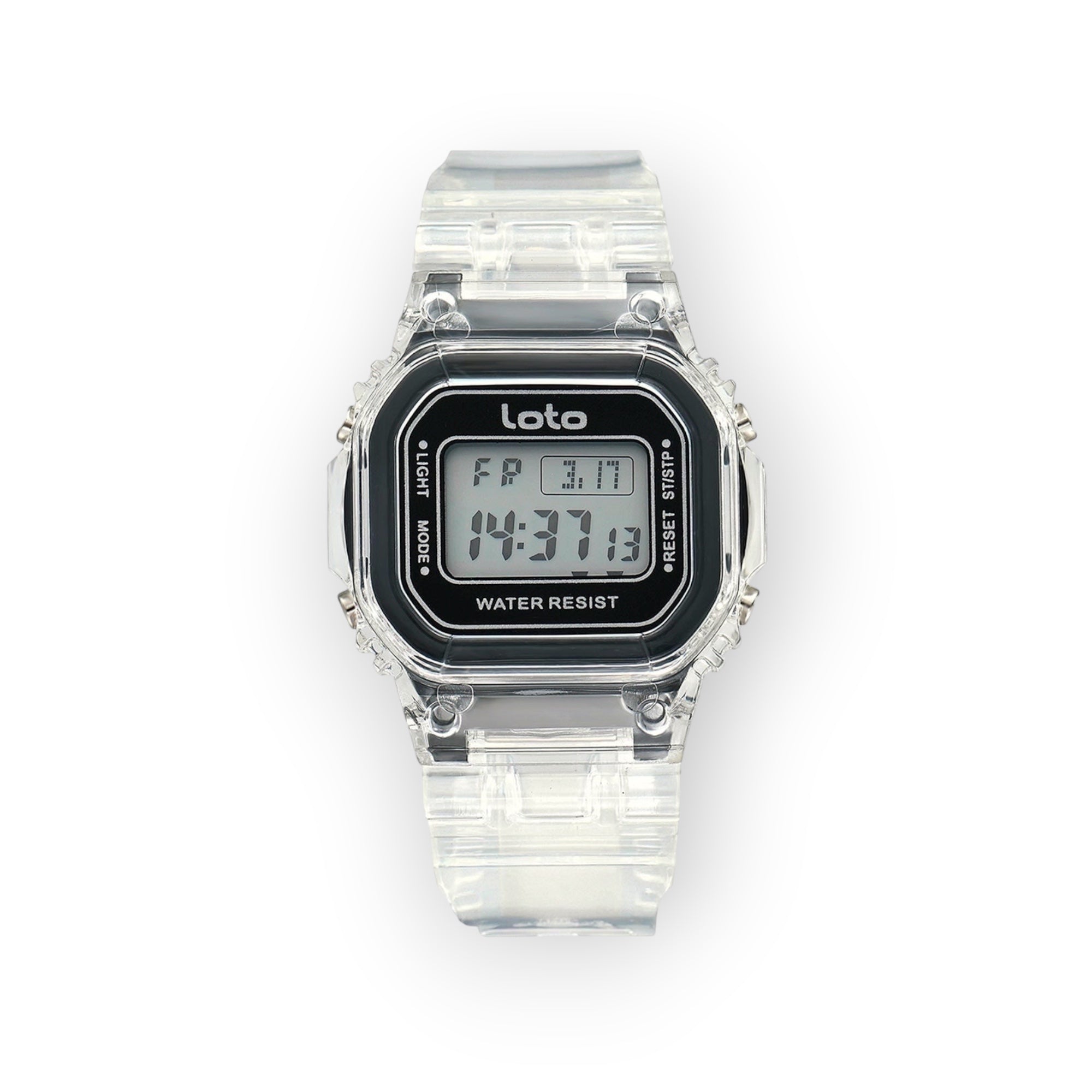 Reloj digital LOTO COMPANY Crystal con caja y correa de resina transparente y pantalla LCD retro
