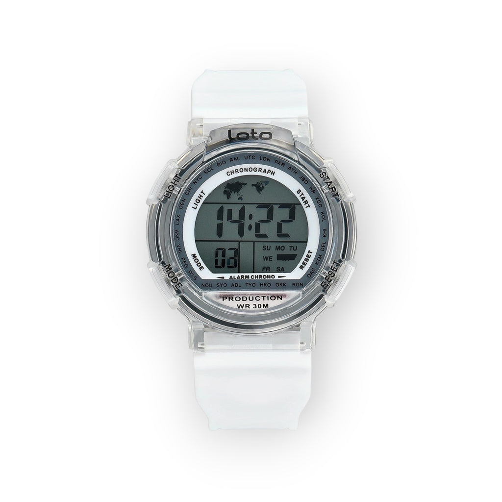 Reloj LOTO COMPANY digital transparente con correa de silicona blanca. Muestra hora, fecha y mapa del mundo.