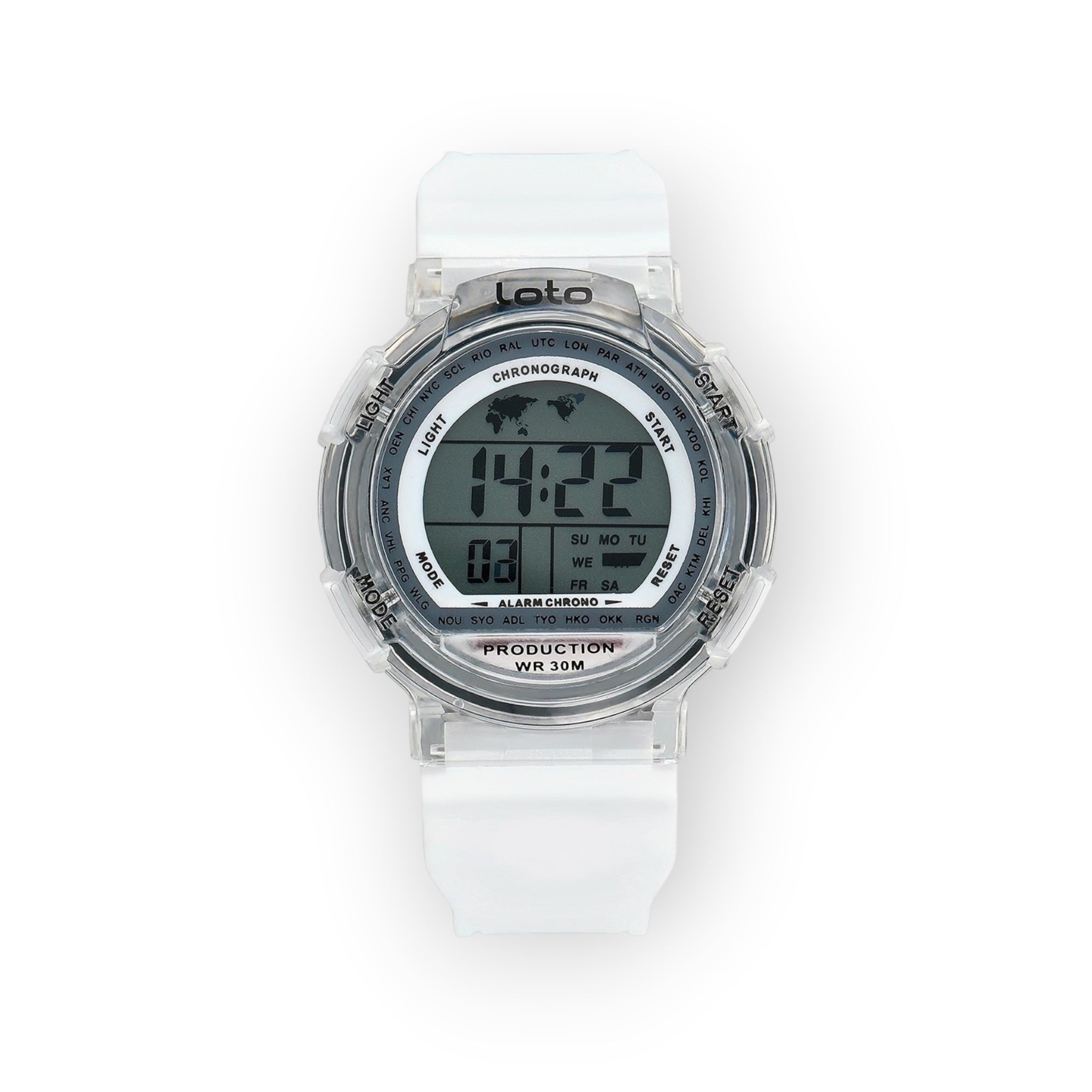 Reloj LOTO COMPANY digital transparente con correa de silicona blanca. Muestra hora, fecha y mapa del mundo.