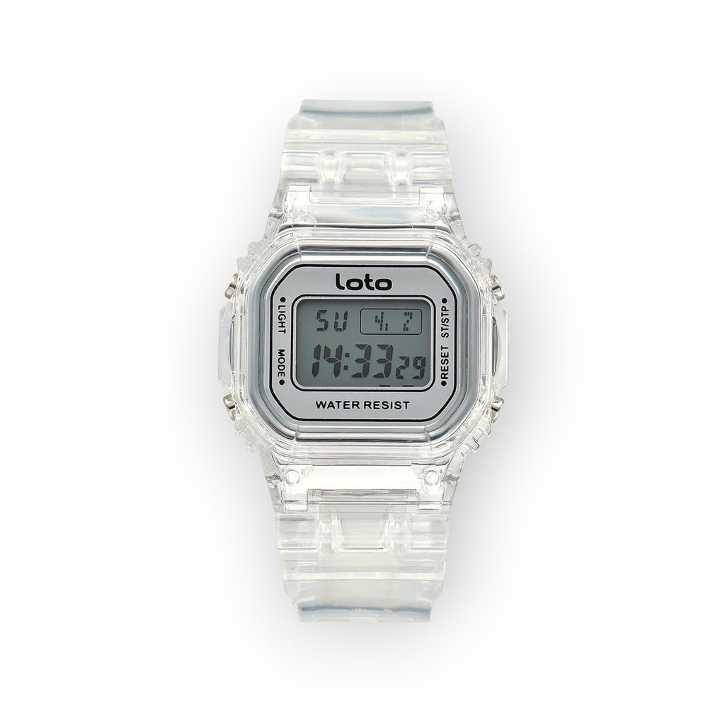 Reloj digital LOTO COMPANY Crystal con caja y correa de resina transparente y pantalla LCD resistente al agua