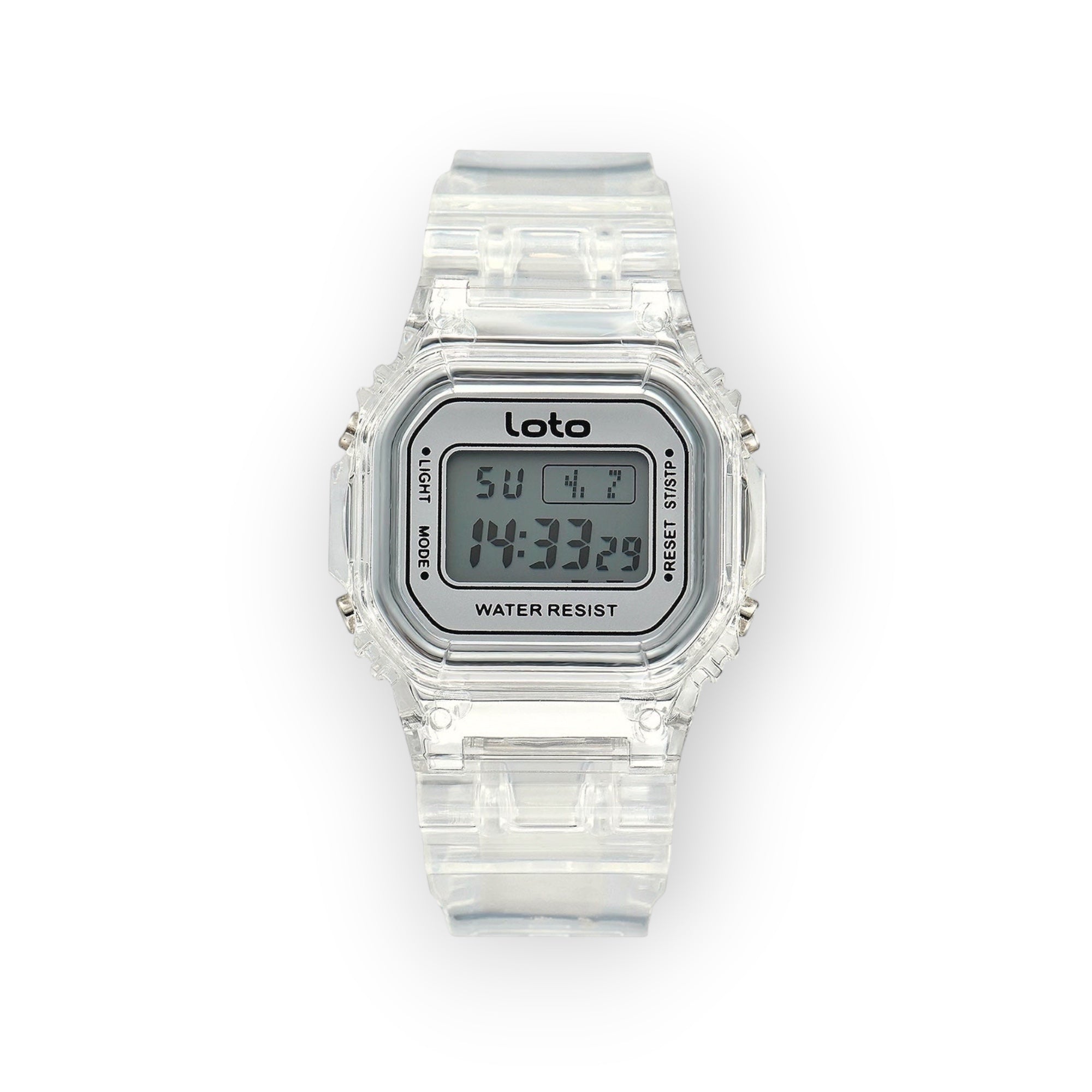 Reloj digital LOTO COMPANY Crystal con caja y correa de resina transparente y pantalla LCD resistente al agua