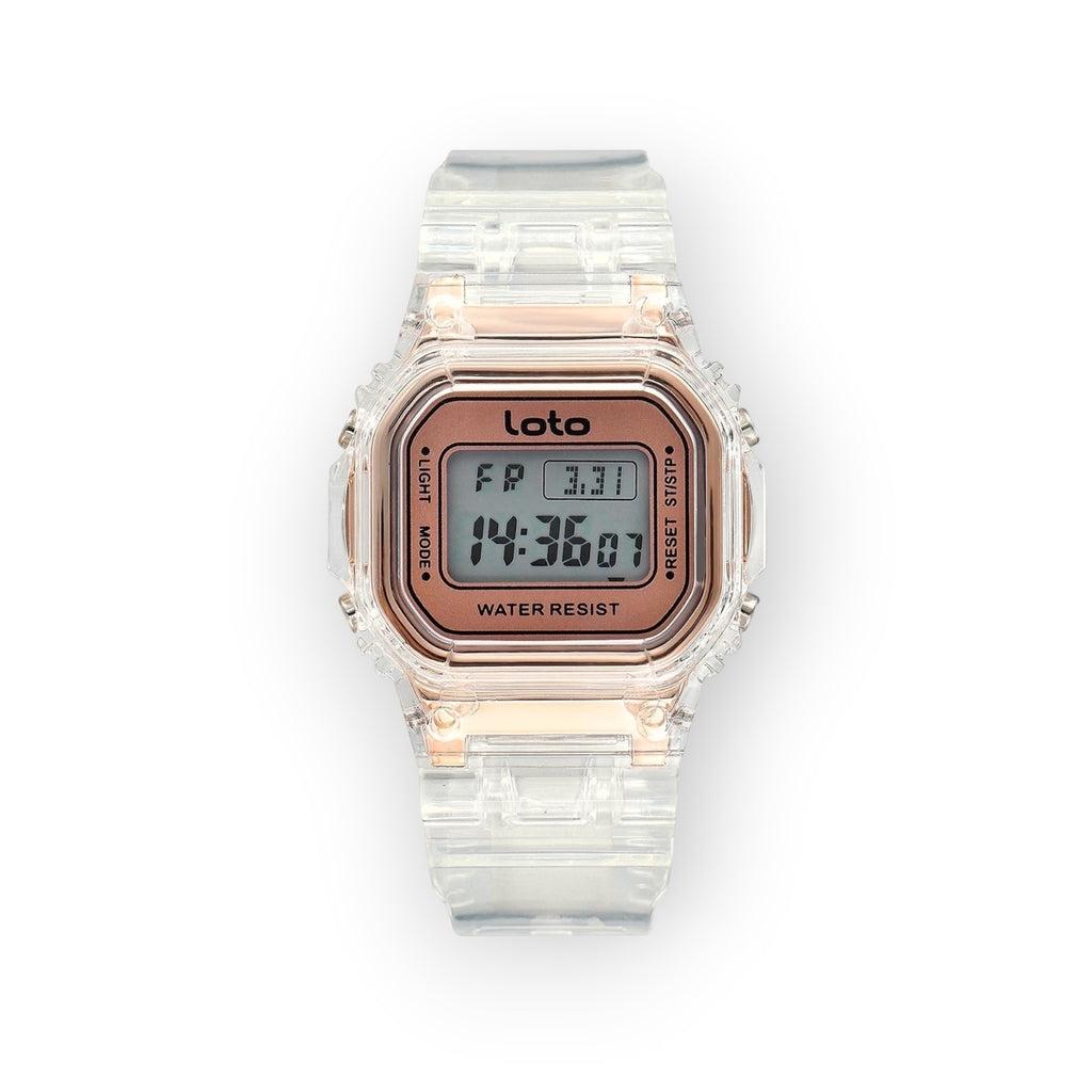 Reloj digital LOTO COMPANY Crystal con caja y correa de resina transparente y dial metálico en tono oro rosa.