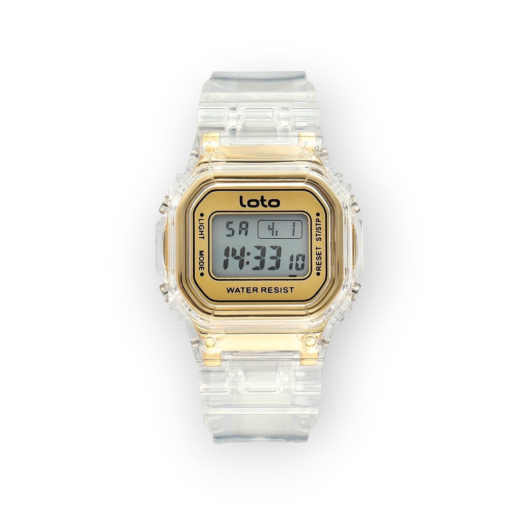 Reloj digital LOTO COMPANY Crystal con caja y correa de resina transparente y dial metálico dorado estilo retro.