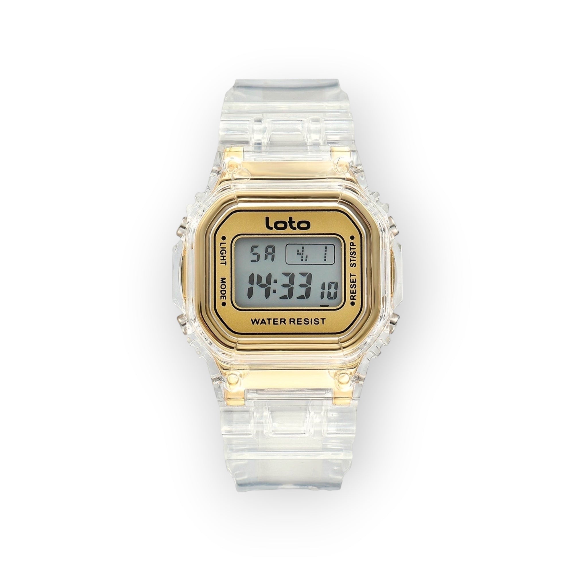 Reloj digital LOTO COMPANY Crystal con caja y correa de resina transparente y dial metálico dorado estilo retro.