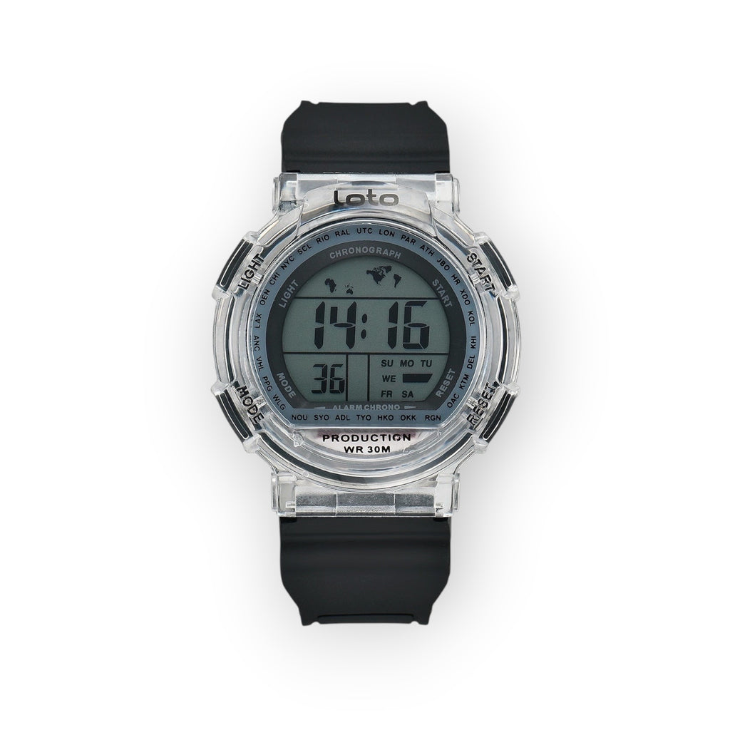 Reloj digital LOTO COMPANY 2534-1 transparente con correa de silicona negra, pantalla digital con mapa del mundo, cronógrafo y alarma.