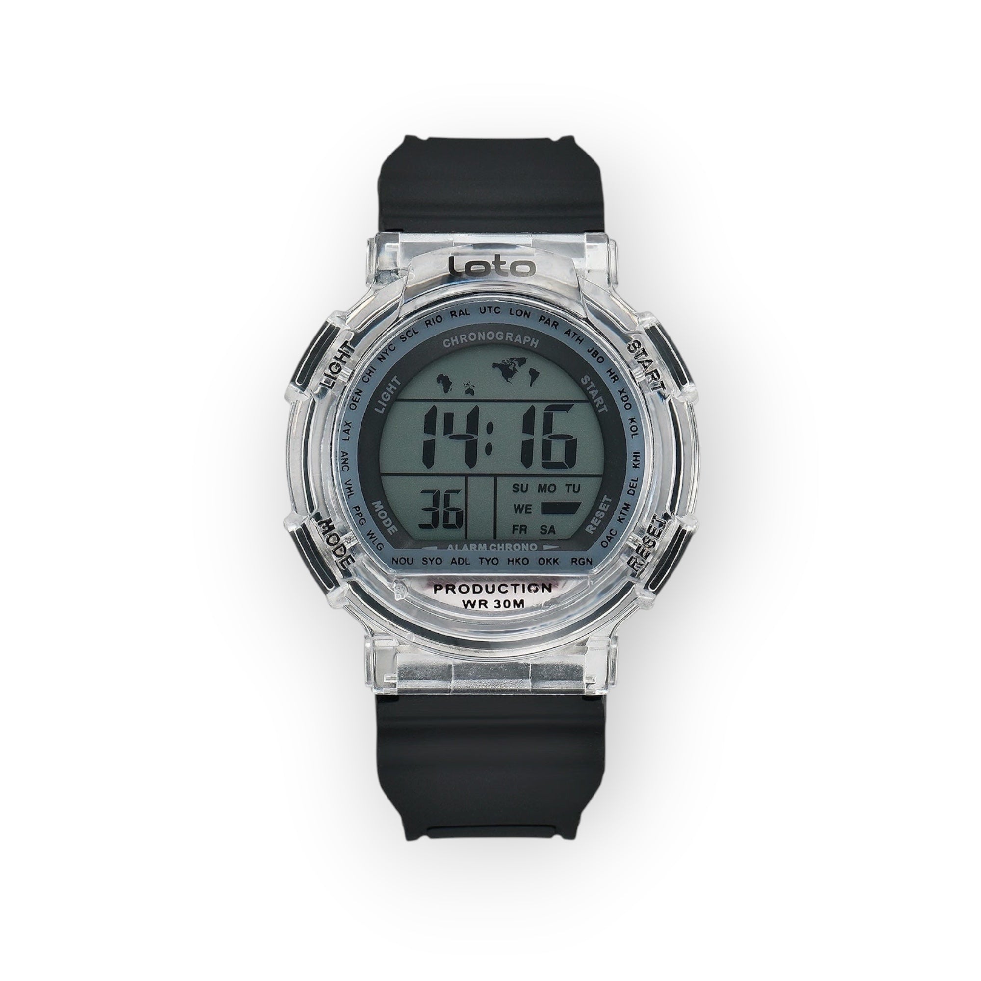 Reloj digital LOTO COMPANY 2534-1 transparente con correa de silicona negra, pantalla digital con mapa del mundo, cronógrafo y alarma.