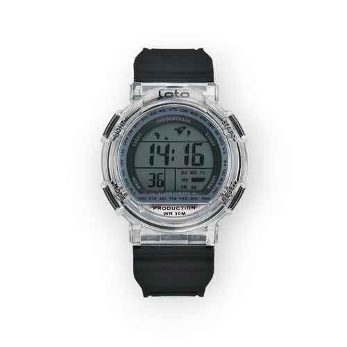 Reloj digital LOTO COMPANY 2534-1 transparente con correa de silicona negra, pantalla digital con mapa del mundo, cronógrafo y alarma.