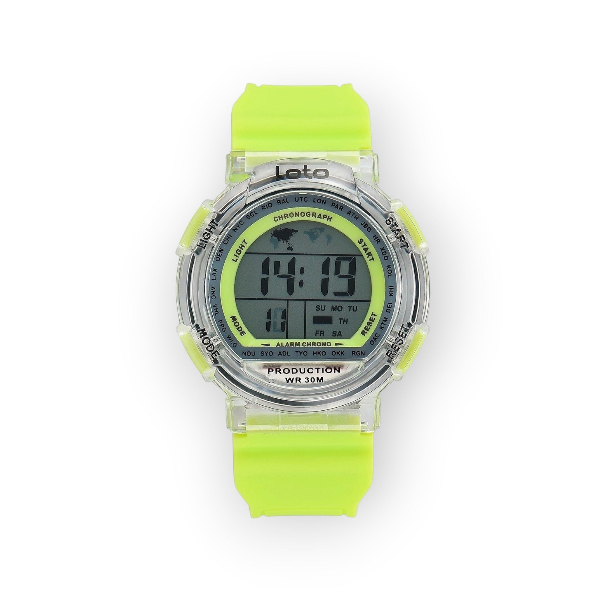 Reloj LOTO COMPANY digital transparente con correa de silicona verde lima. Muestra hora, fecha y mapa del mundo.
