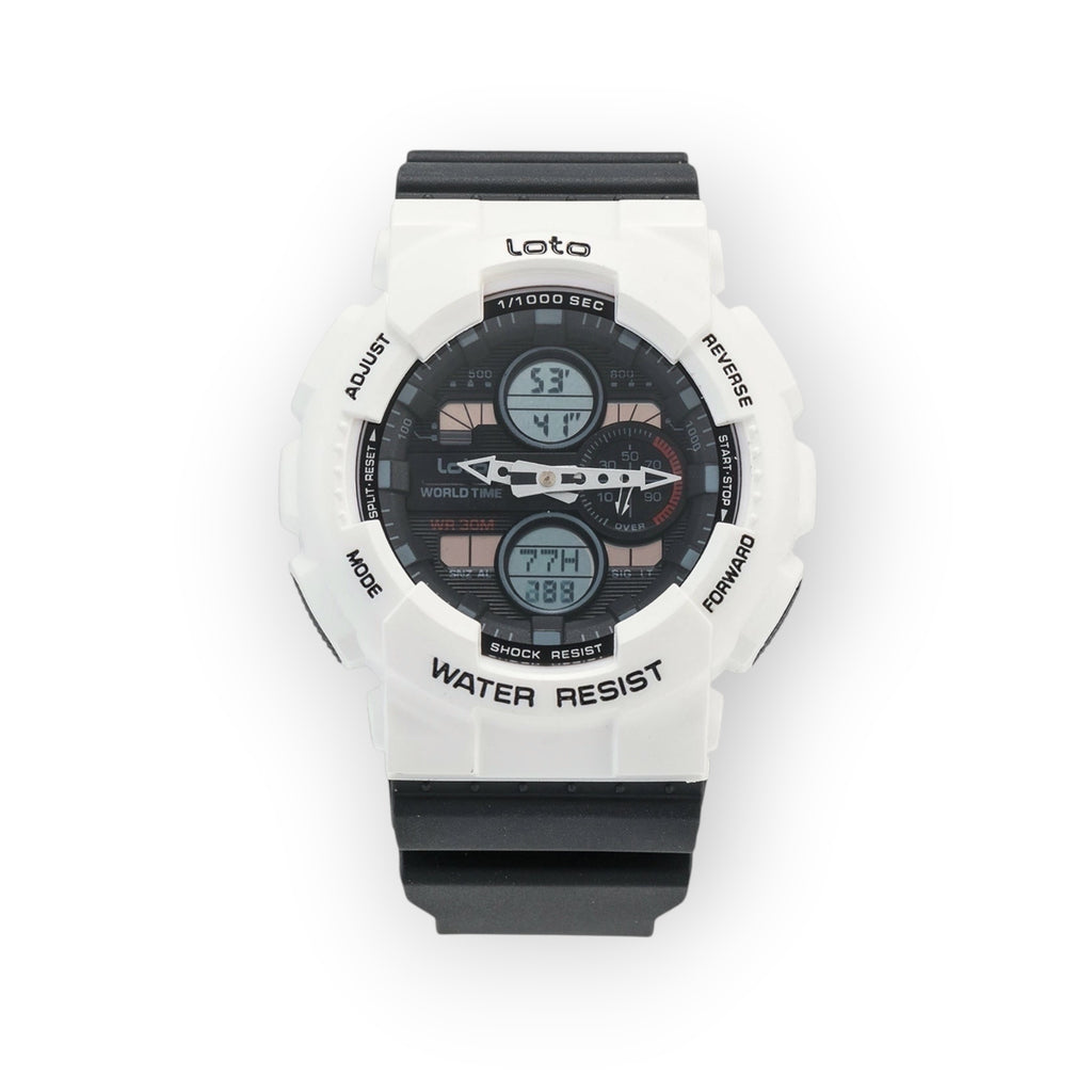 Reloj LOTO COMPANY blanco y negro de doble pantalla con correa de resina, resistente a golpes y agua.