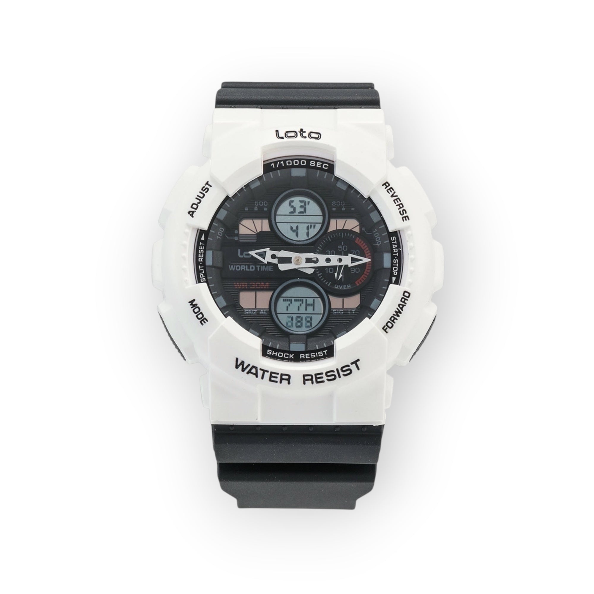 Reloj LOTO COMPANY blanco y negro de doble pantalla con correa de resina, resistente a golpes y agua.