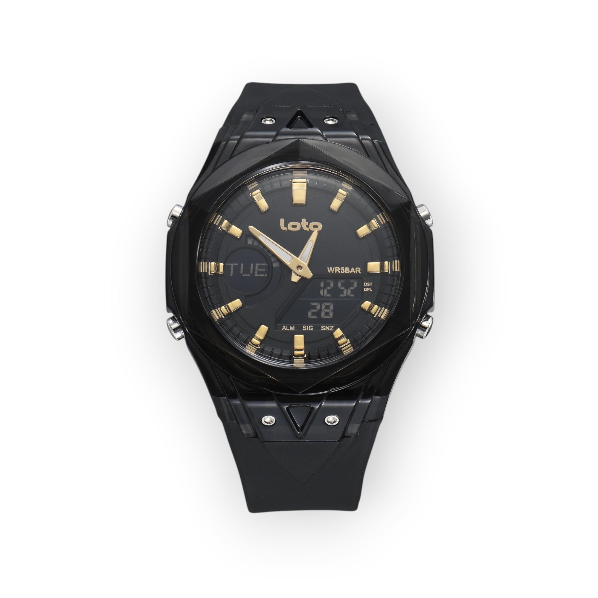 Reloj LOTO COMPANY Dominus 2595 analógico-digital negro con detalles dorados, caja geométrica y correa de silicona.