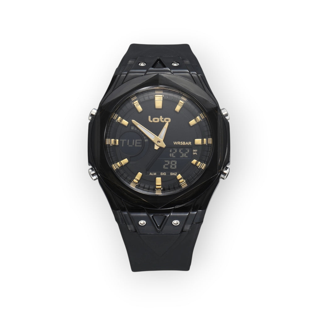 Reloj LOTO COMPANY Dominus 2595 analógico-digital negro con detalles dorados, caja geométrica y correa de silicona.