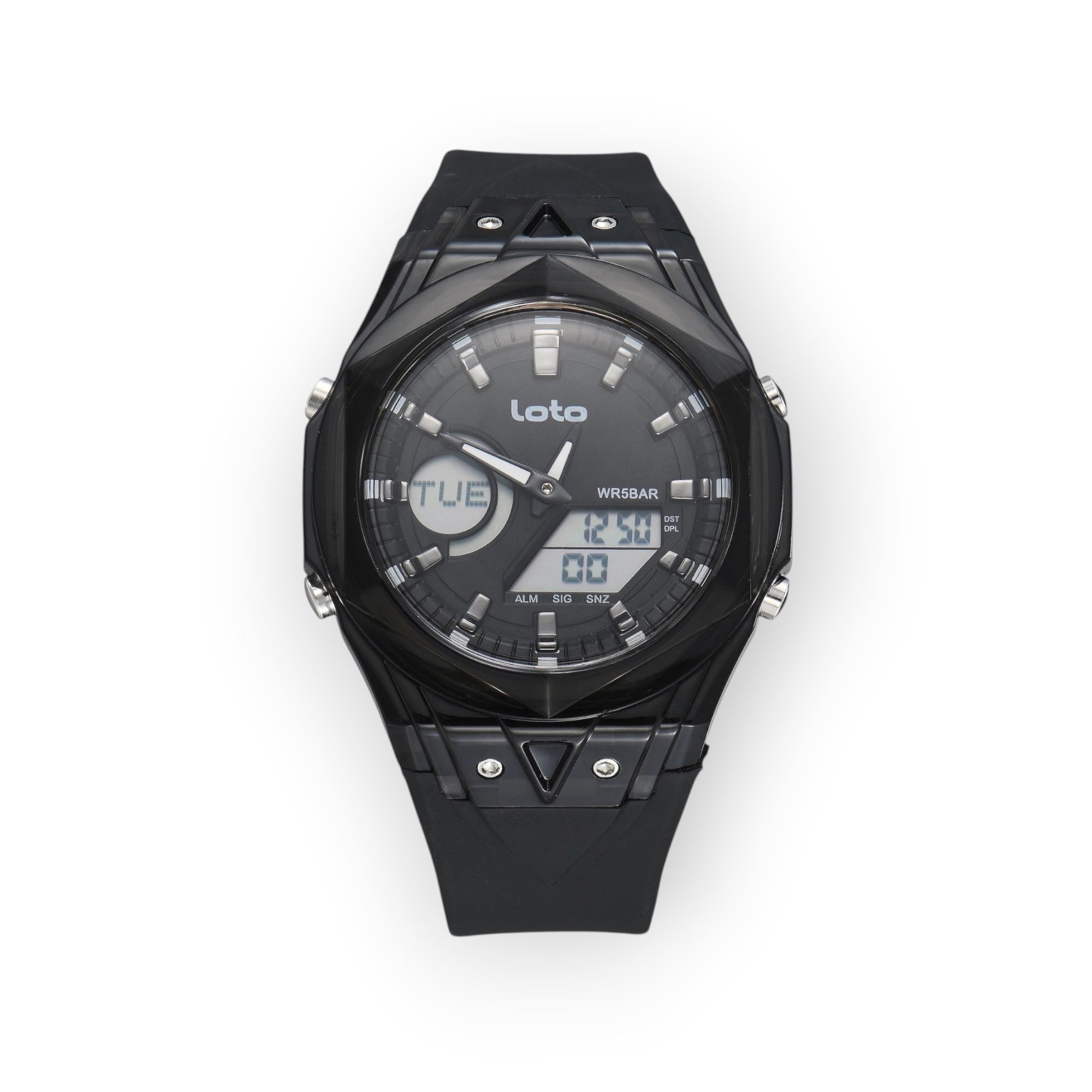 Reloj LOTO COMPANY Dominus 2595 analógico-digital negro con caja geométrica y correa de silicona resistente al agua.