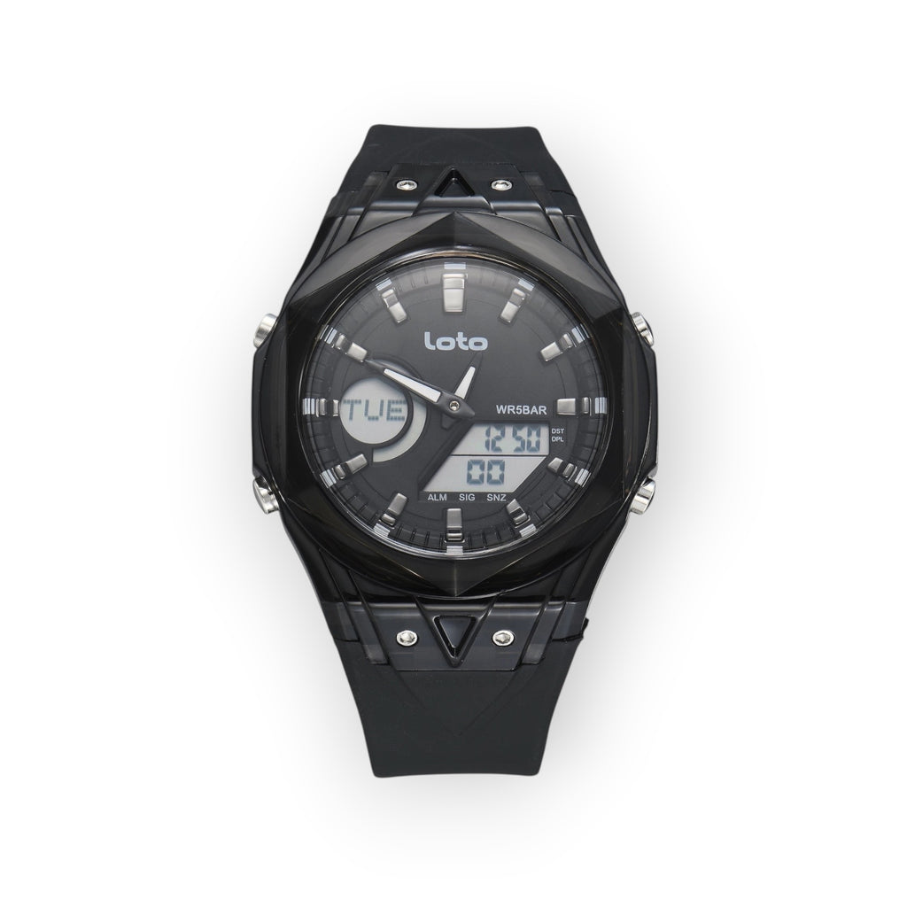 Reloj LOTO COMPANY Dominus 2595 analógico-digital negro con caja geométrica y correa de silicona resistente al agua.