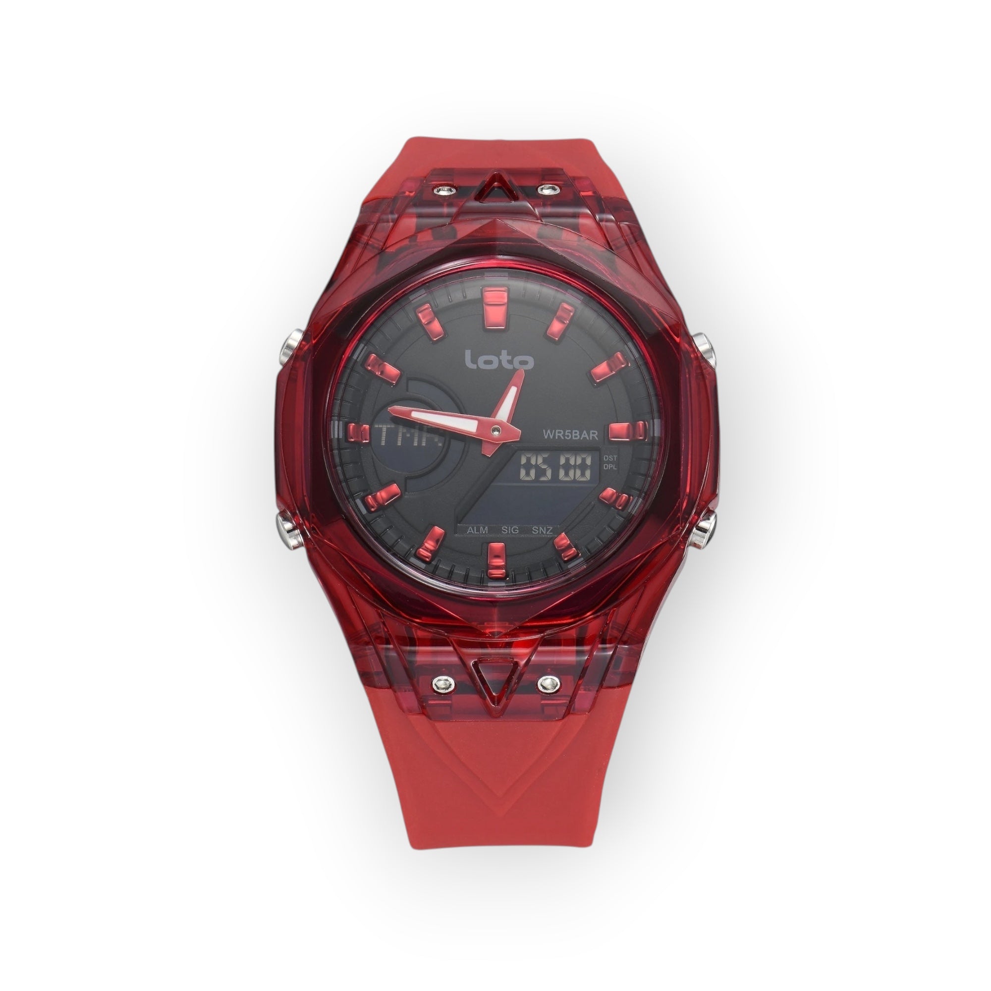 Reloj LOTO COMPANY Dominus 2595 rojo con caja geométrica translúcida, pantalla híbrida y correa de silicona resistente.