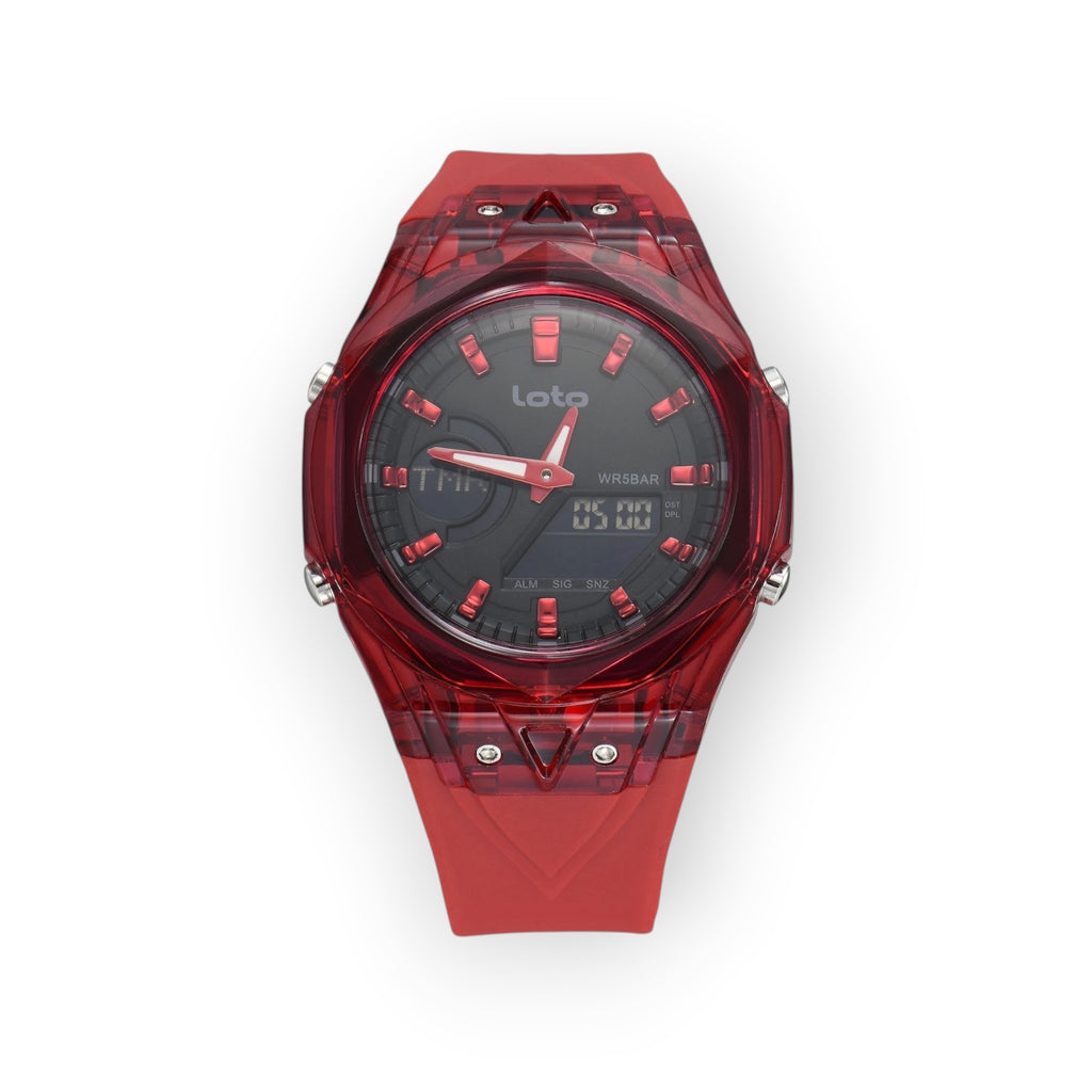 Reloj LOTO COMPANY Dominus 2595 rojo con caja geométrica translúcida, pantalla híbrida y correa de silicona resistente.