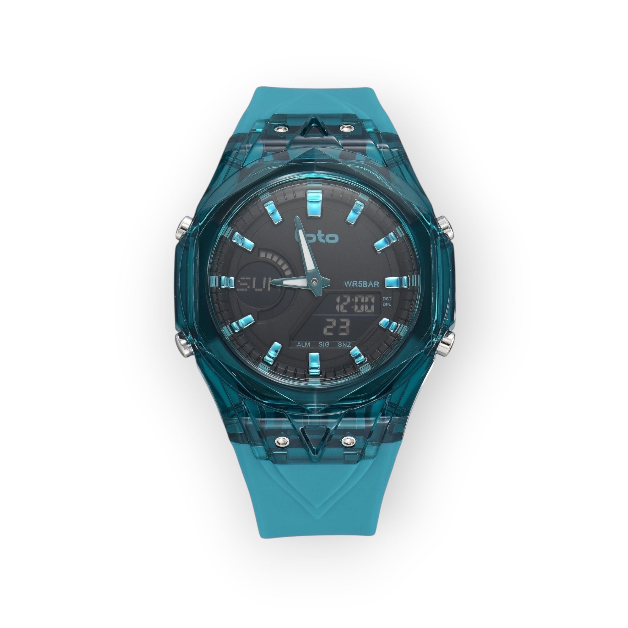 Reloj LOTO COMPANY Dominus 2595 analógico-digital con caja geométrica translúcida azul y correa de silicona