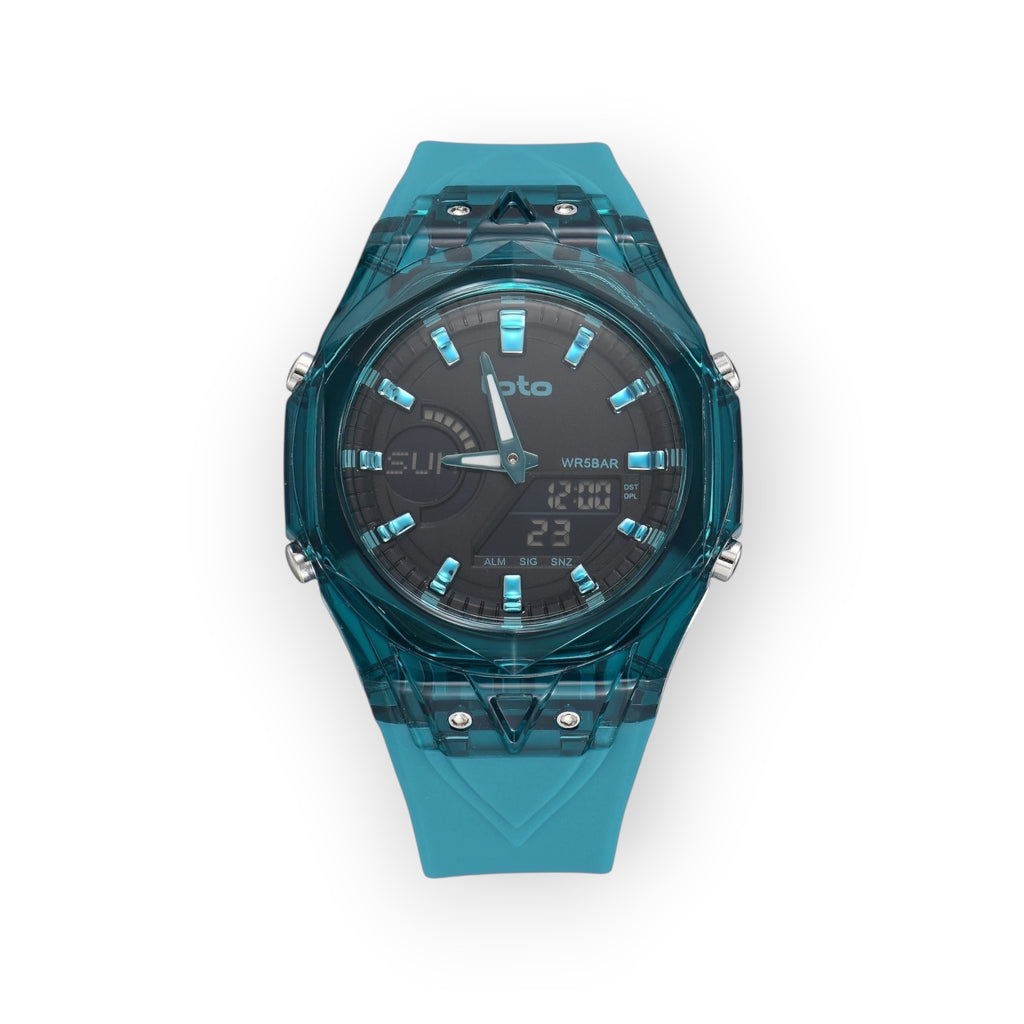 Reloj LOTO COMPANY Dominus 2595 analógico-digital con caja geométrica translúcida azul y correa de silicona