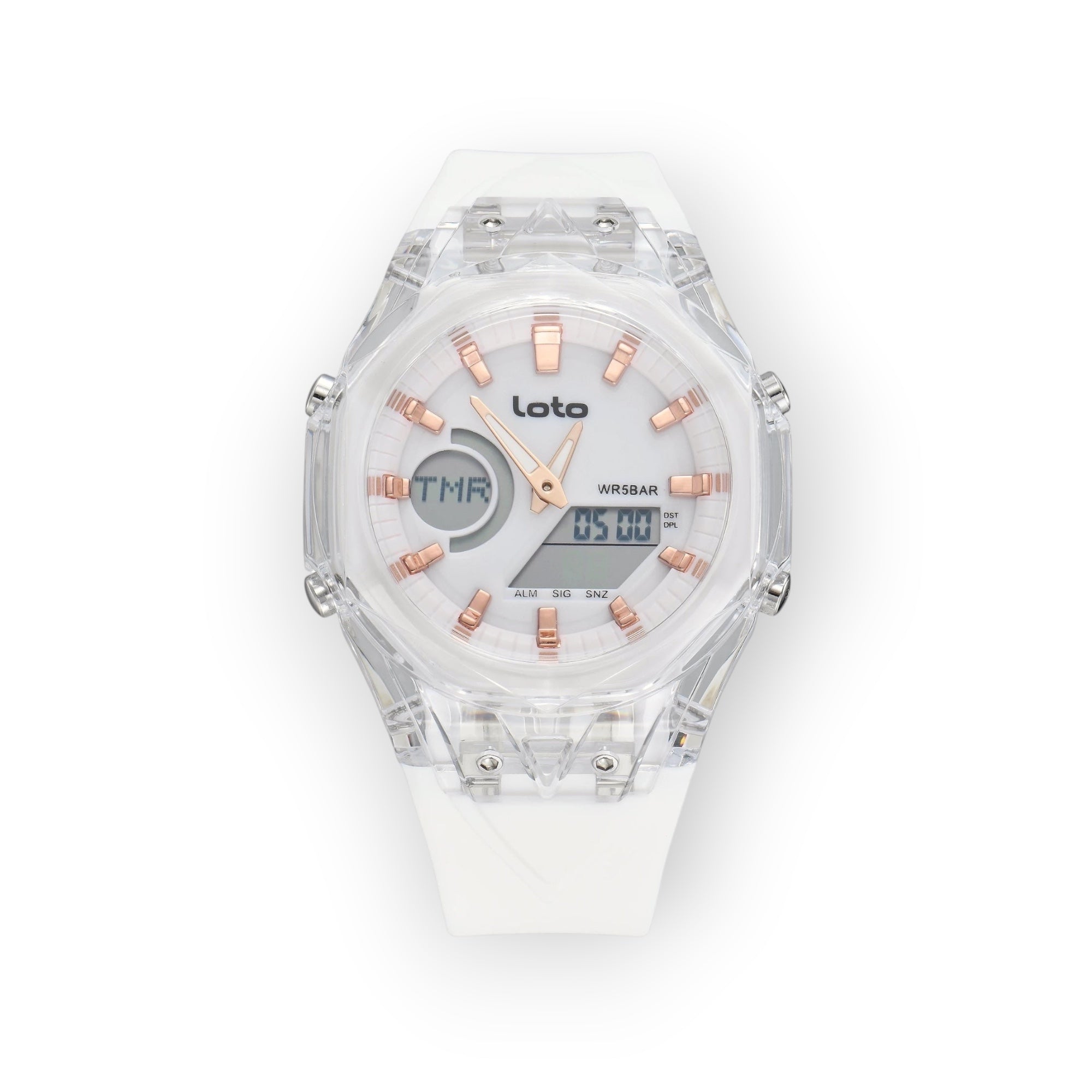 Reloj LOTO COMPANY Dominus 2595 analógico-digital con caja transparente, correa de silicona blanca y detalles en oro rosa