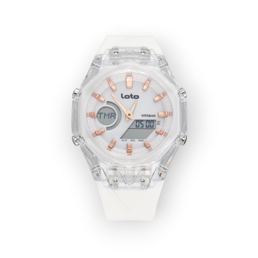 Reloj LOTO COMPANY Dominus 2595 analógico-digital con caja transparente, correa de silicona blanca y detalles en oro rosa