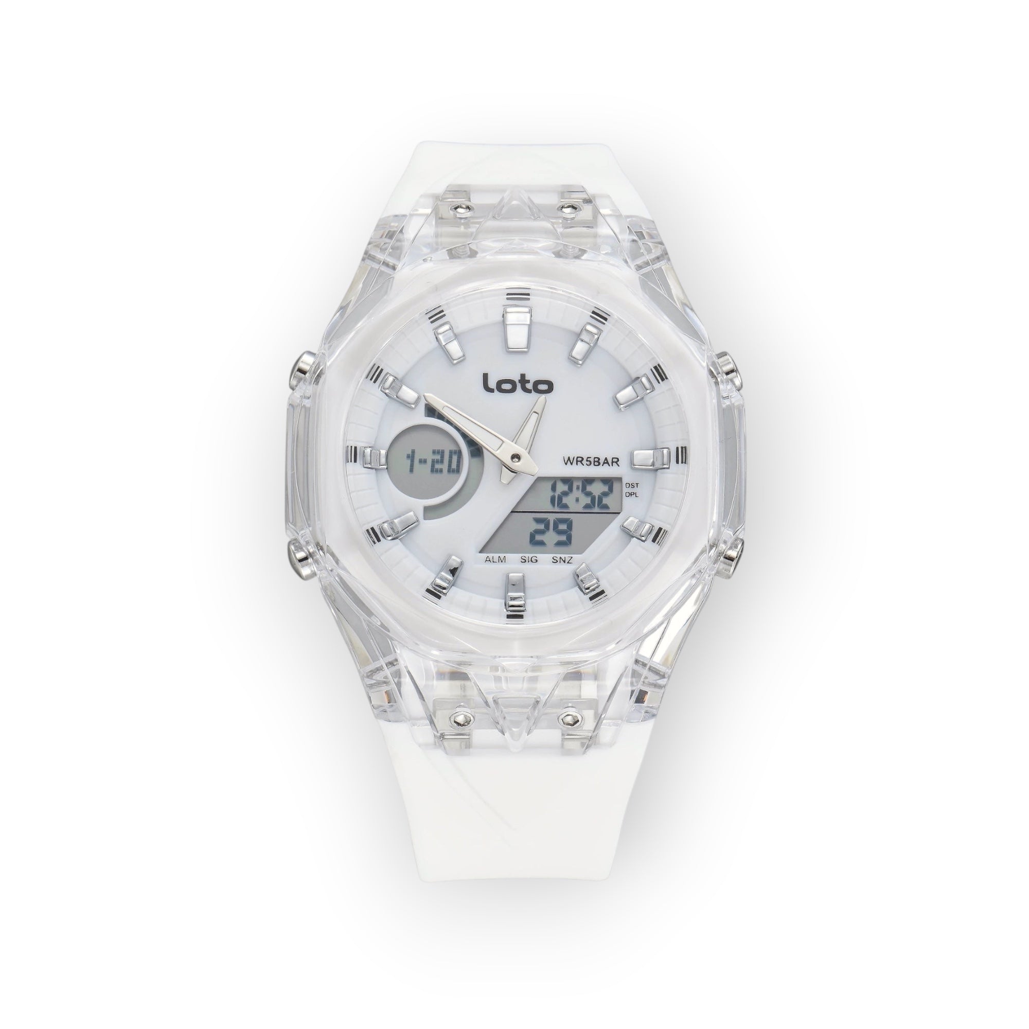 Reloj LOTO COMPANY Dominus 2595 analógico-digital transparente con caja geométrica y correa de silicona blanca.