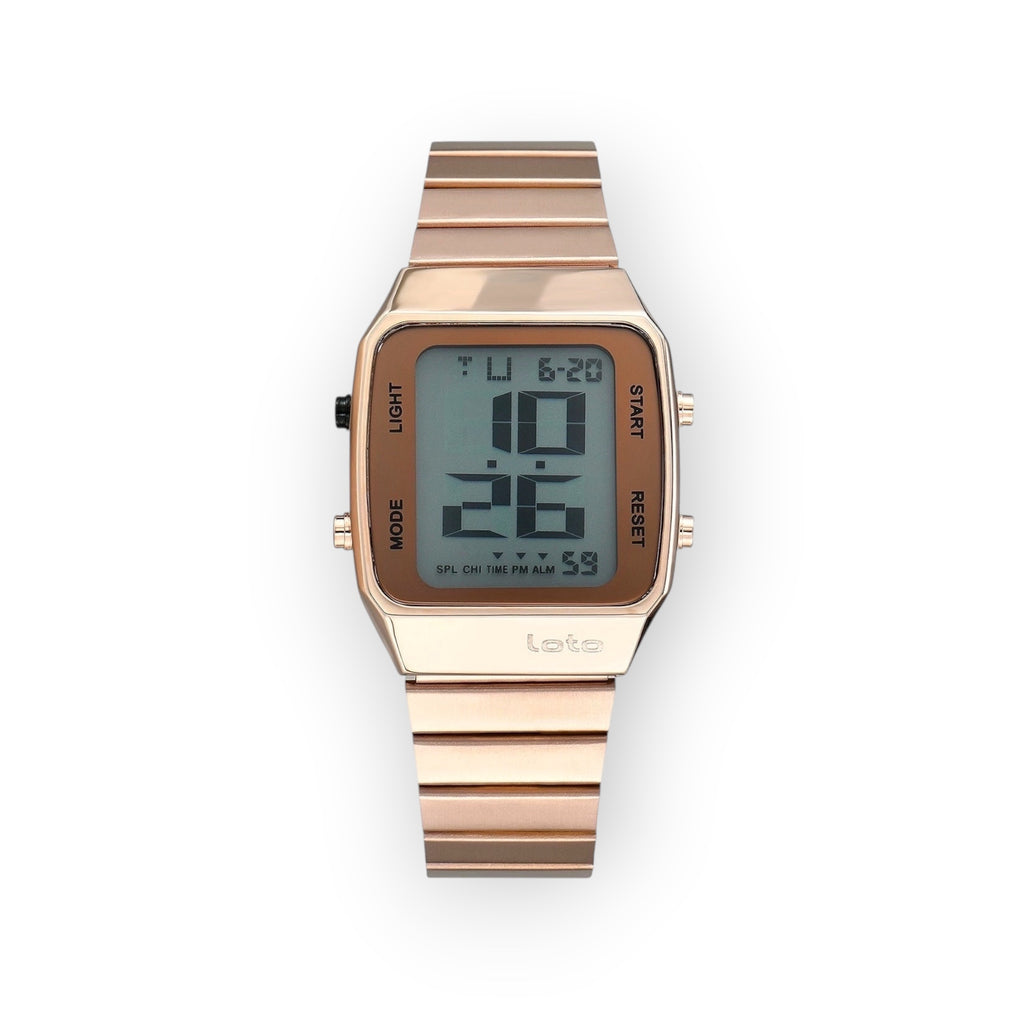 Reloj digital LOTO COMPANY POLARIS / 2541 con caja cuadrada y correa de eslabones en tono oro rosa. Pantalla LCD con hora, fecha y día.
