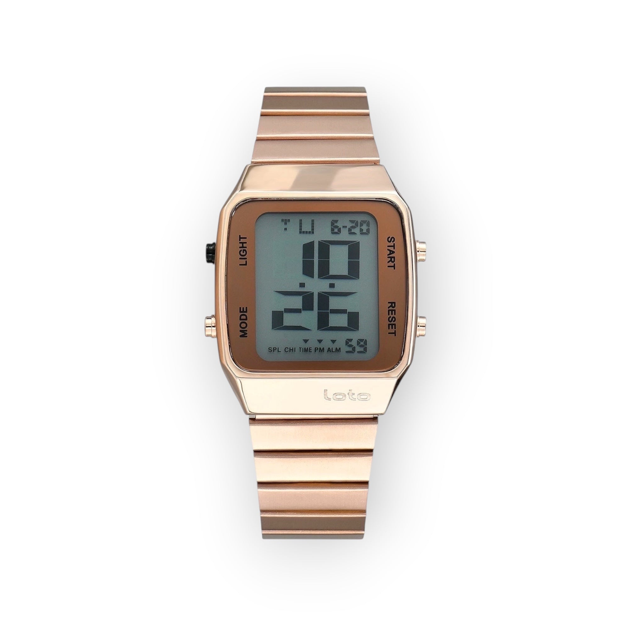 Reloj digital LOTO COMPANY POLARIS / 2541 con caja cuadrada y correa de eslabones en tono oro rosa. Pantalla LCD con hora, fecha y día.