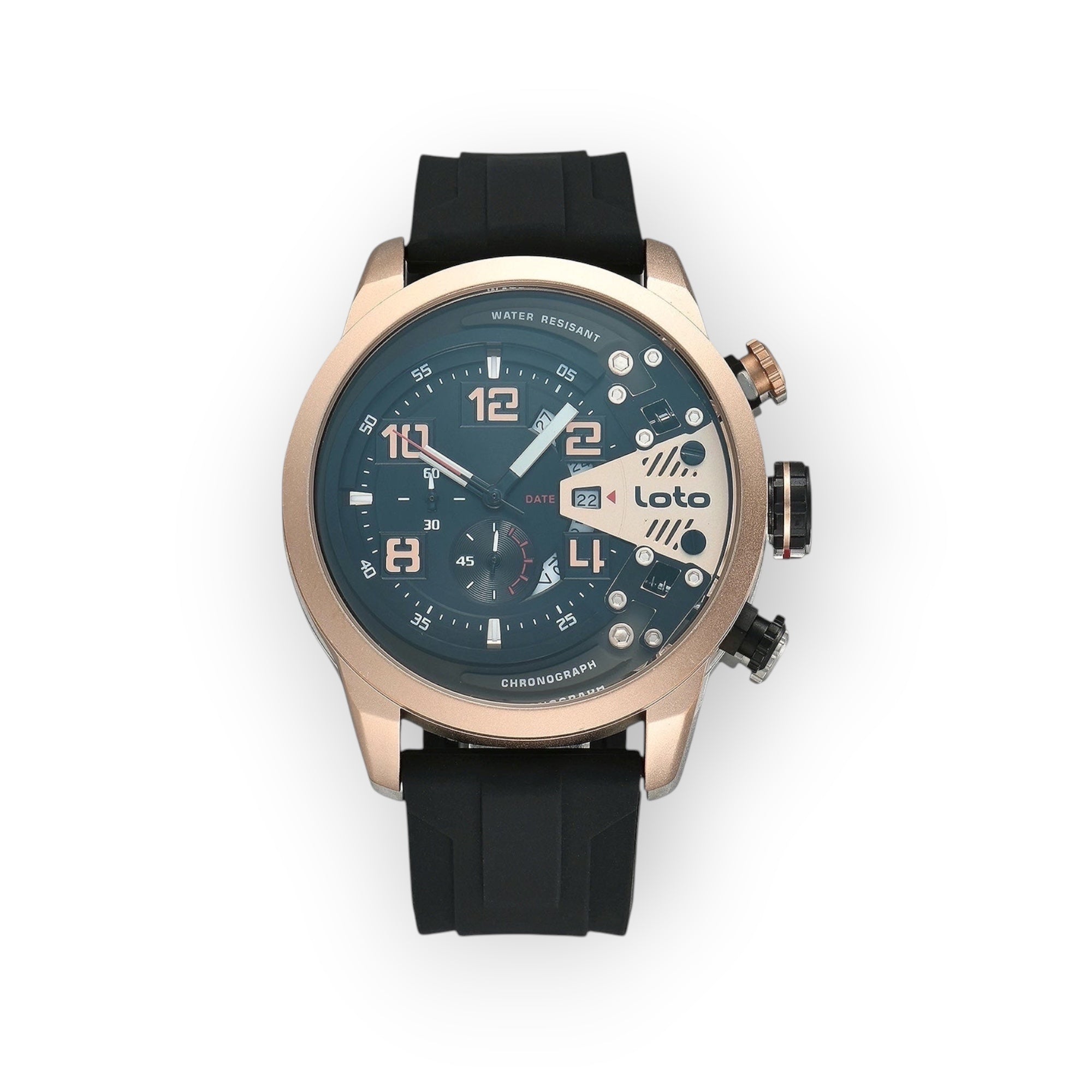 Reloj LOTO COMPANY de hombre con caja dorada, esfera azul oscuro y correa de silicona negra. Cronógrafo y detalles luminosos.