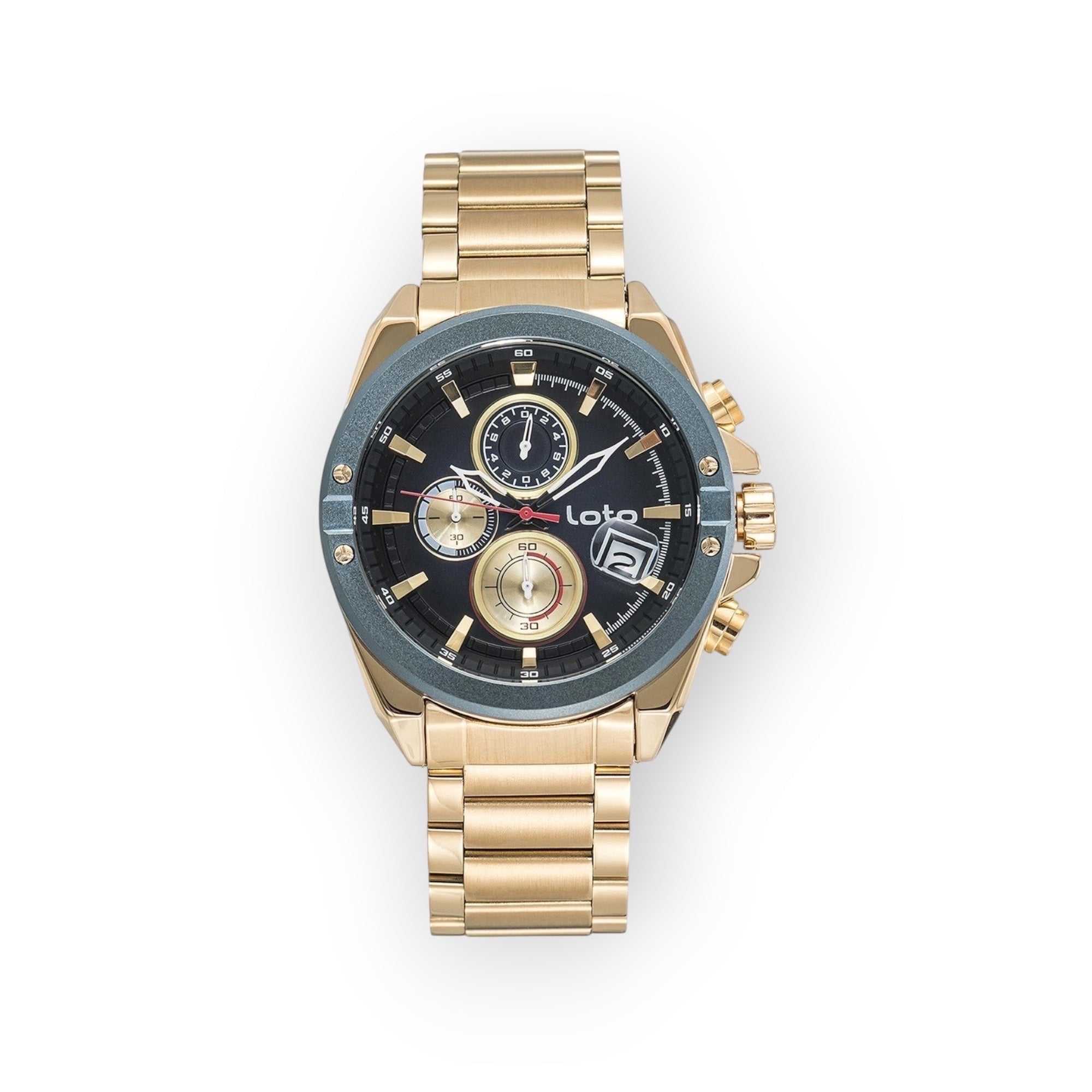 Reloj LOTO COMPANY GEAR / 2430 dorado de acero inoxidable con esfera negra multifunción y cronógrafo.